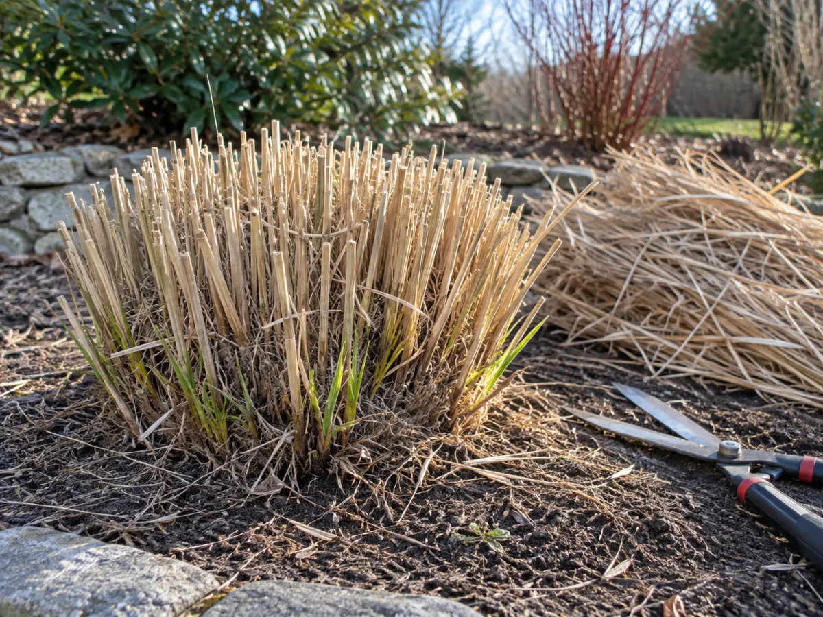 Pampas grass cut back above its crown before spring growth begins