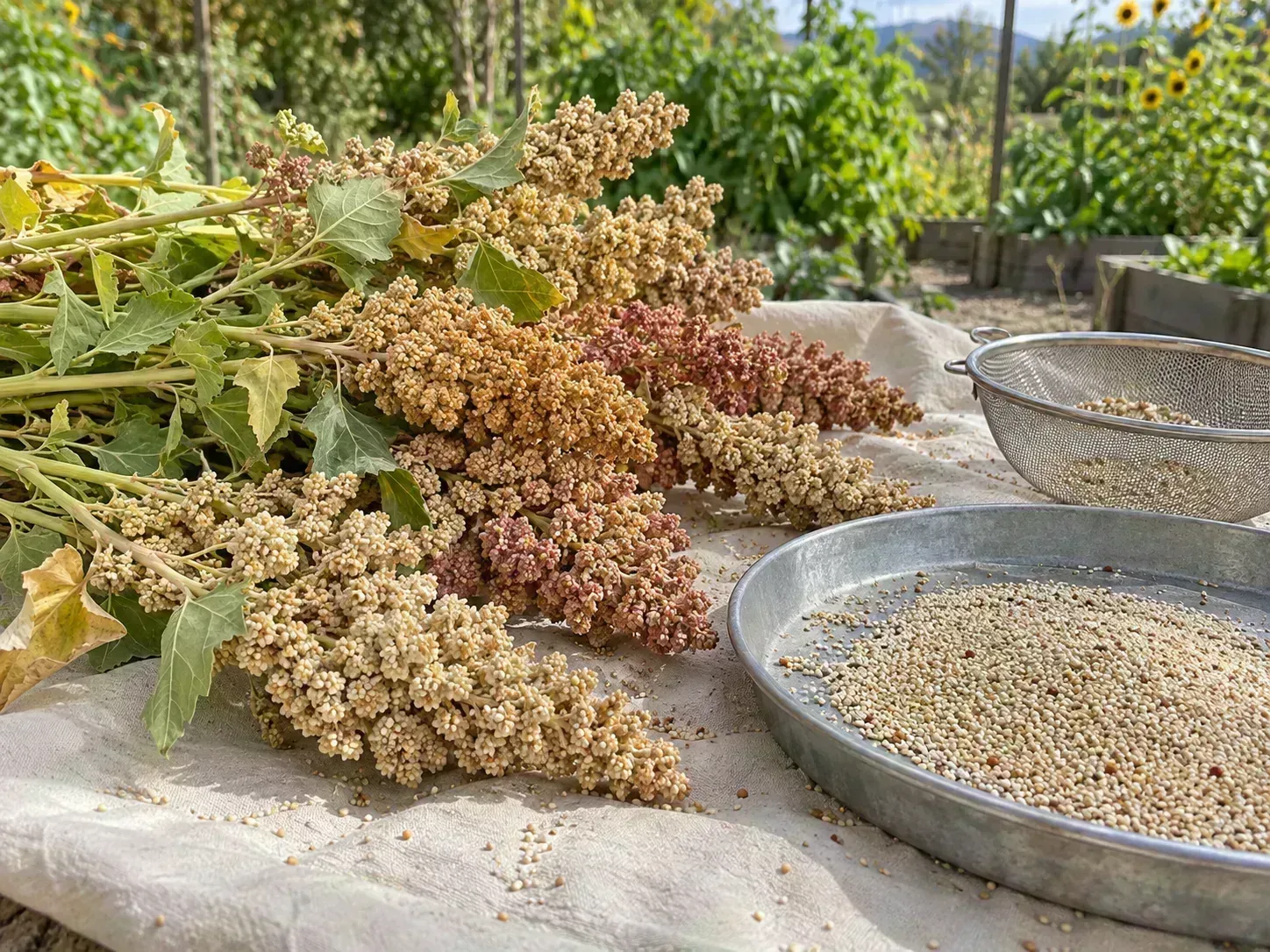 Dry quinoa panicles and collected seed arranged for a small-batch harvest