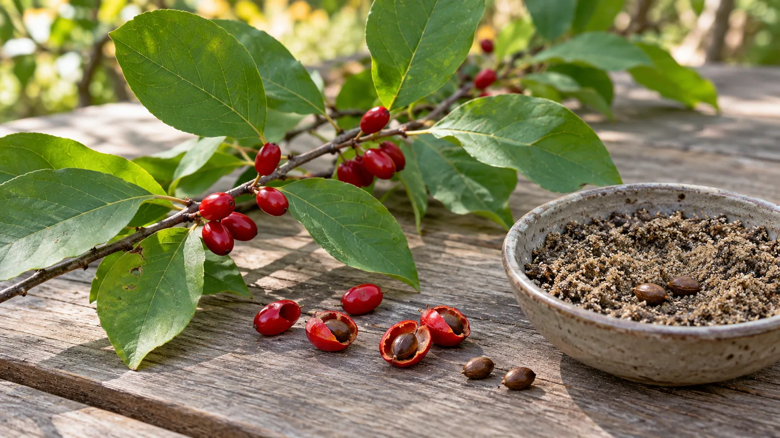 Spicebush branch with ripe scarlet fruits beside cleaned seeds in moist stratification medium