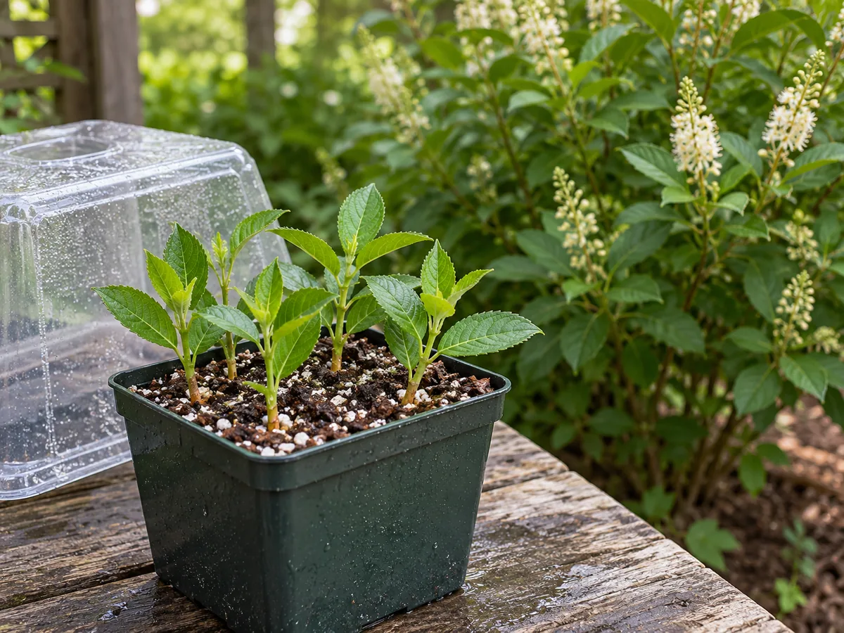 Softwood summersweet cuttings in a moist propagation mix under a humidity cover