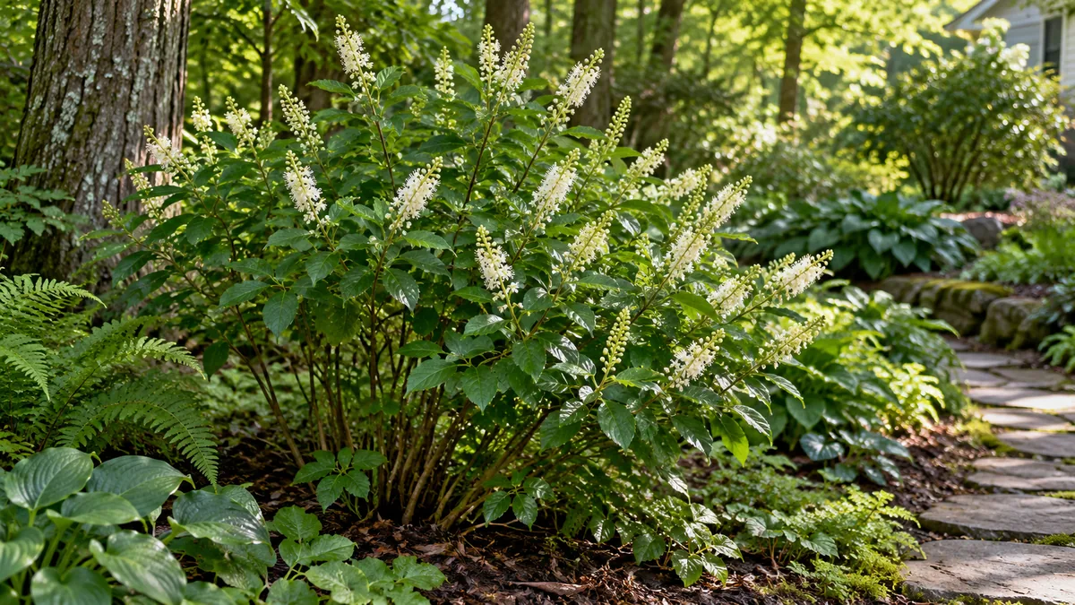 Summersweet flowering in a moist, dappled woodland-edge garden bed