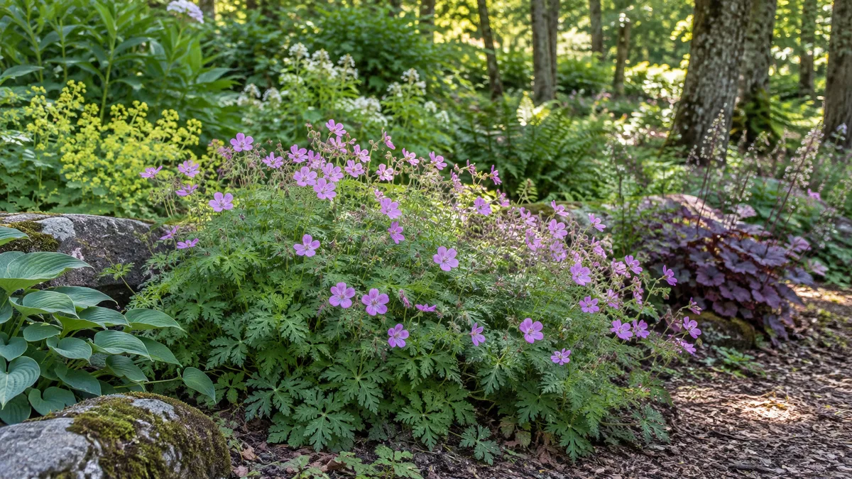 Hardy geranium foliage fills the front of a shade border