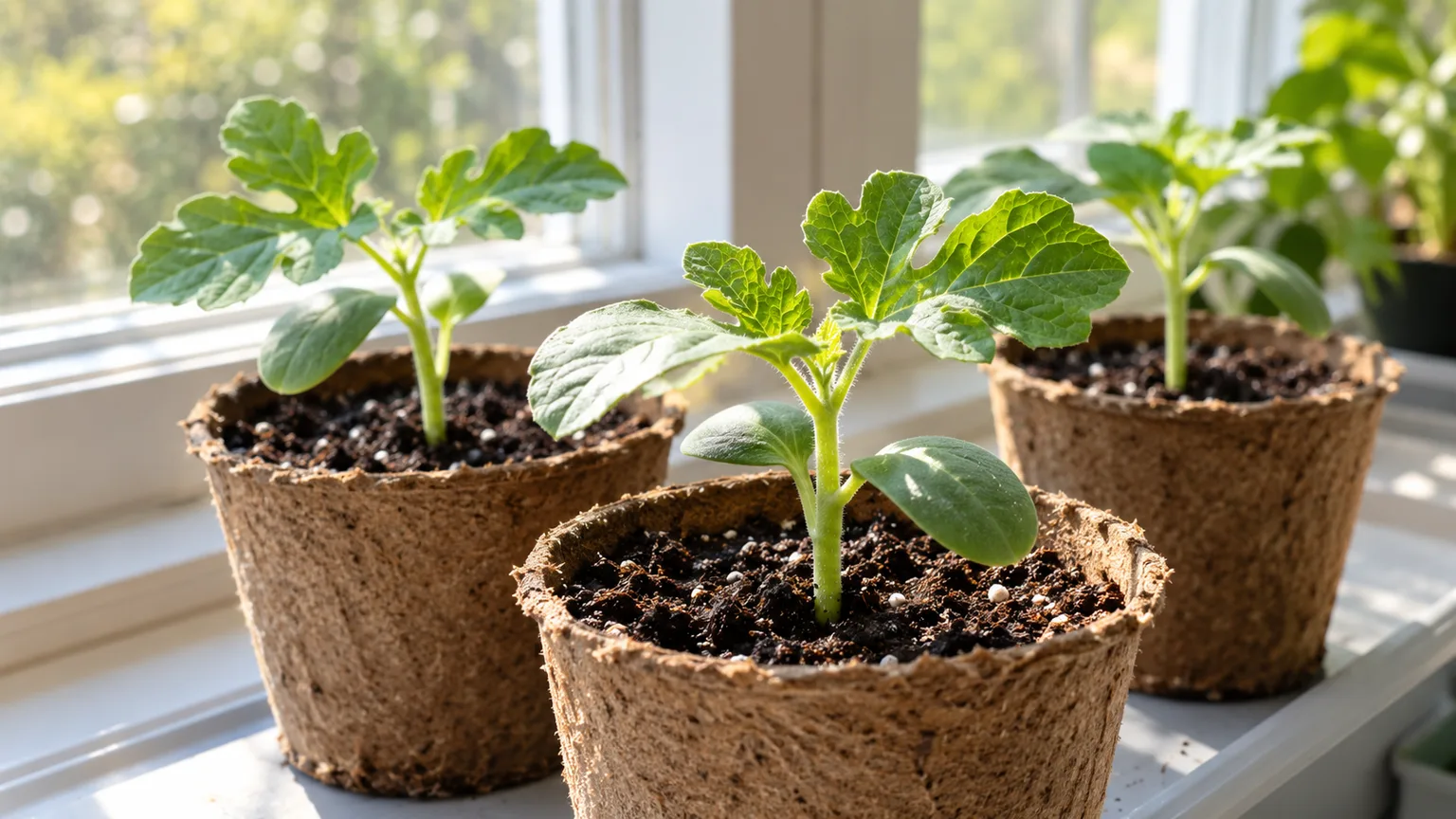Compact watermelon seedlings growing in individual biodegradable pots on a bright indoor windowsill