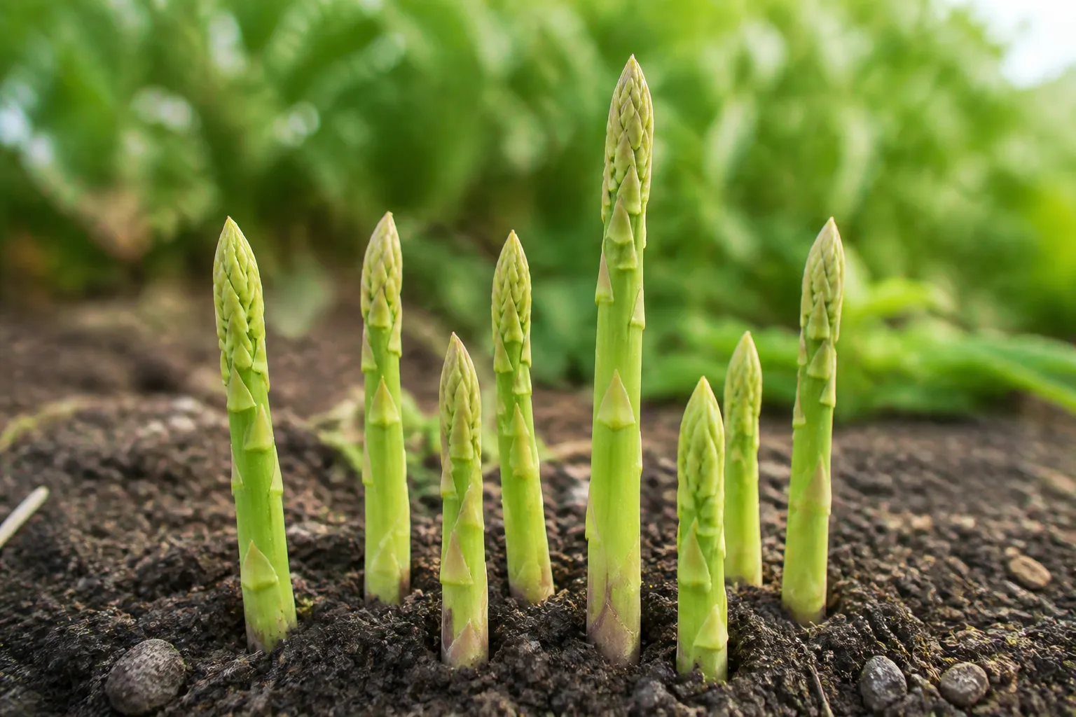 Fresh asparagus spears emerging from dark soil in a garden bed