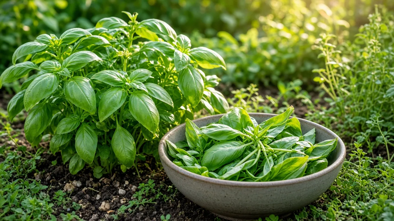 Healthy basil plant and freshly cut leaves ready for a productive harvest