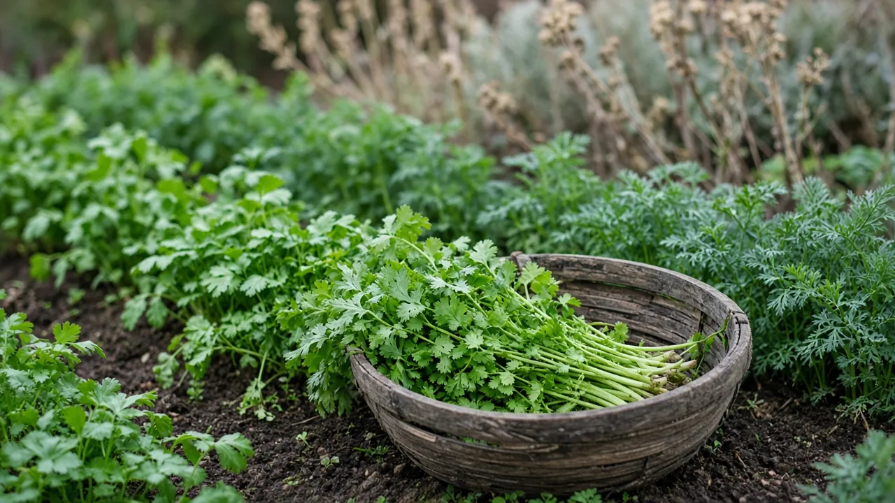 Healthy cilantro plant with fresh leafy stems in a garden container