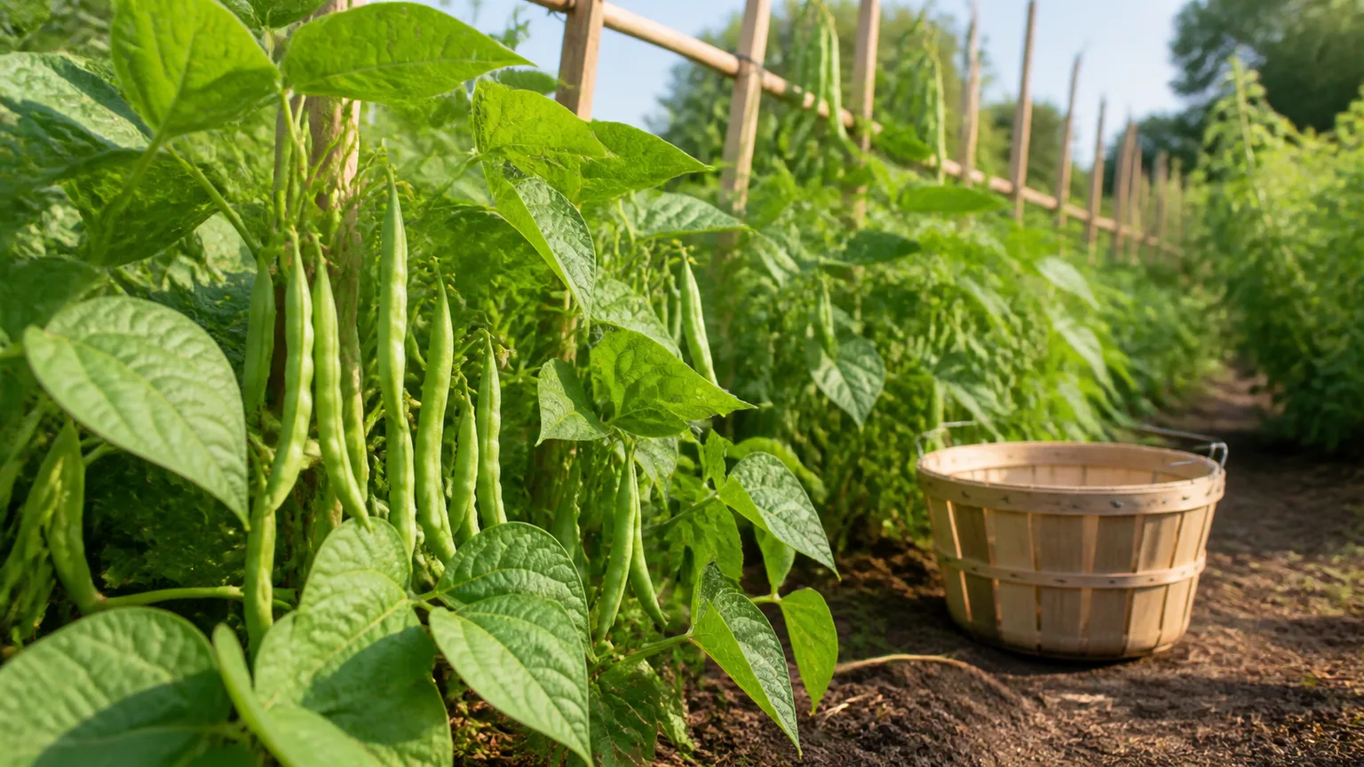 Harvest-ready green beans growing on a trellis in a sunny garden bed