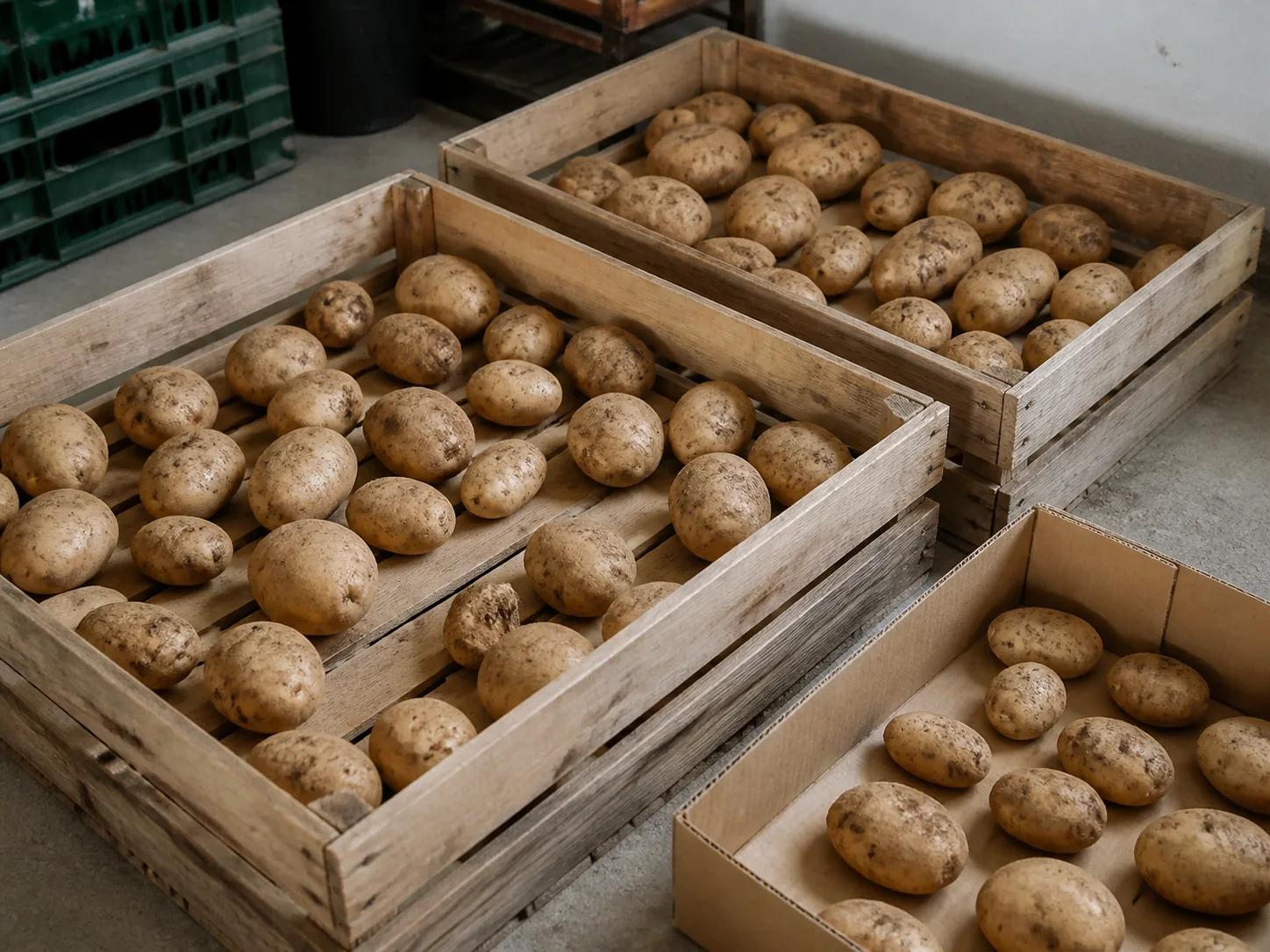 Mature potatoes resting in ventilated wooden crates for cool, dark storage
