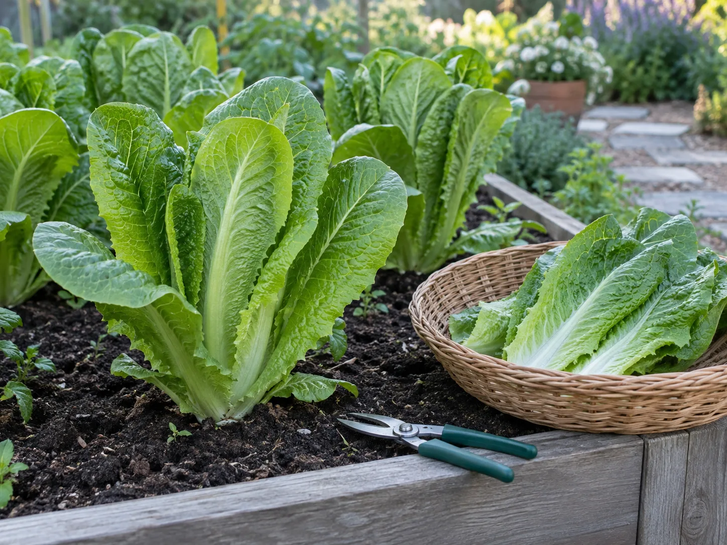 Healthy romaine lettuce growing in a raised bed beside a harvest basket