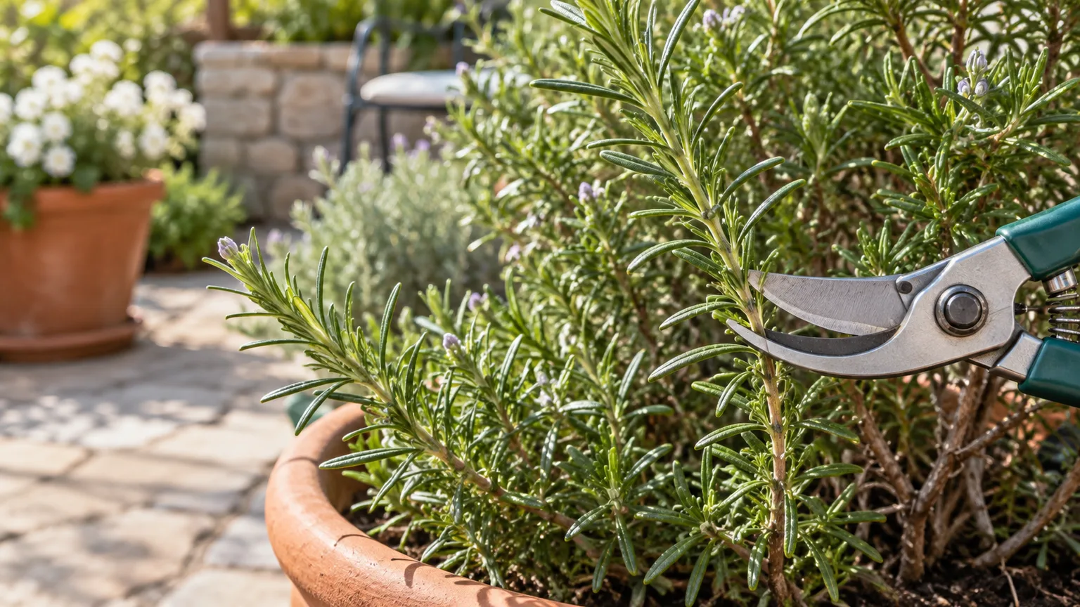 Sharp bypass pruners trimming a leafy rosemary stem on a potted plant
