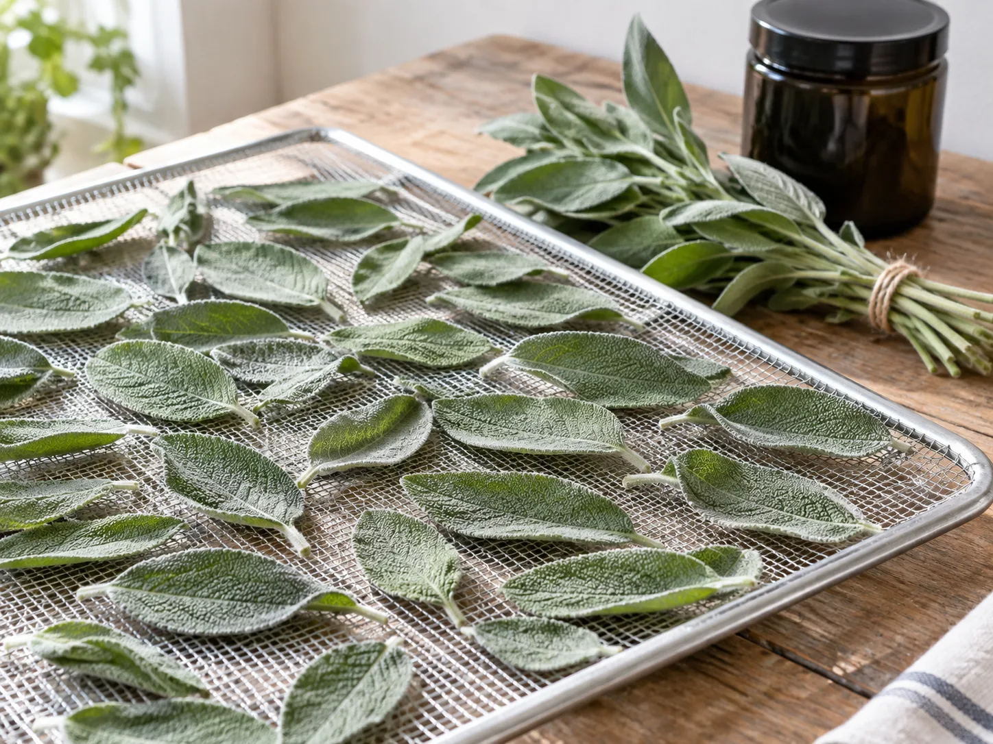 Broad sage leaves spread in one layer on a mesh tray for even air circulation.