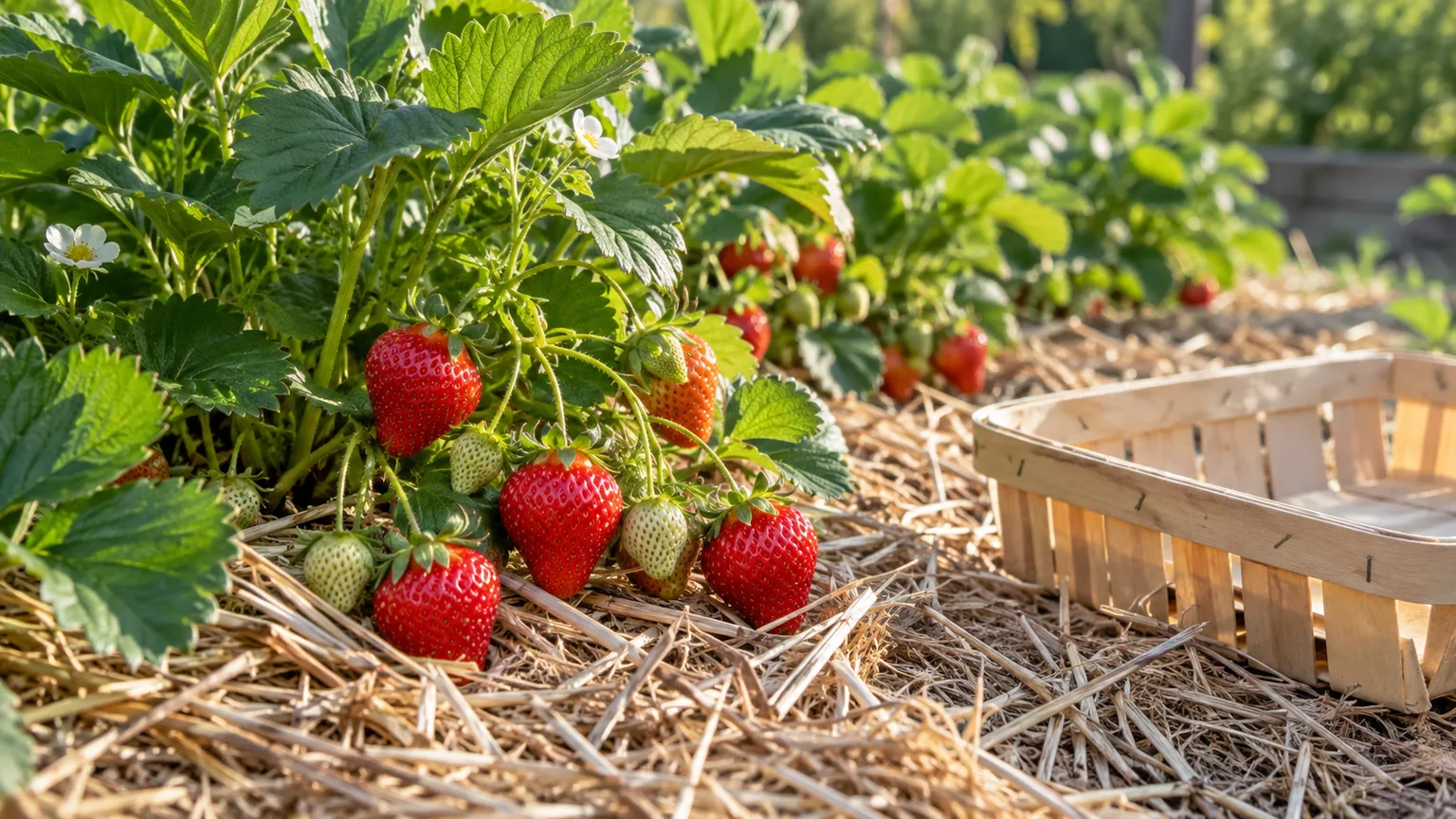 Fully ripe strawberries ready to pick from a clean, straw-mulched garden bed.