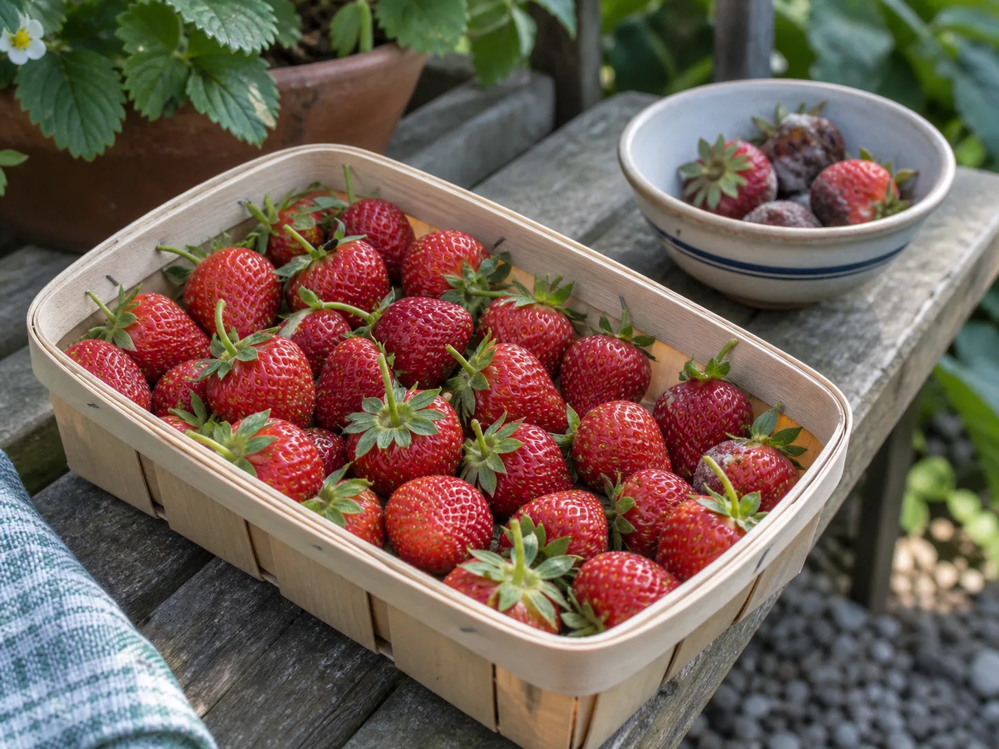 Ripe strawberries gathered beside healthy strawberry plants after harvest