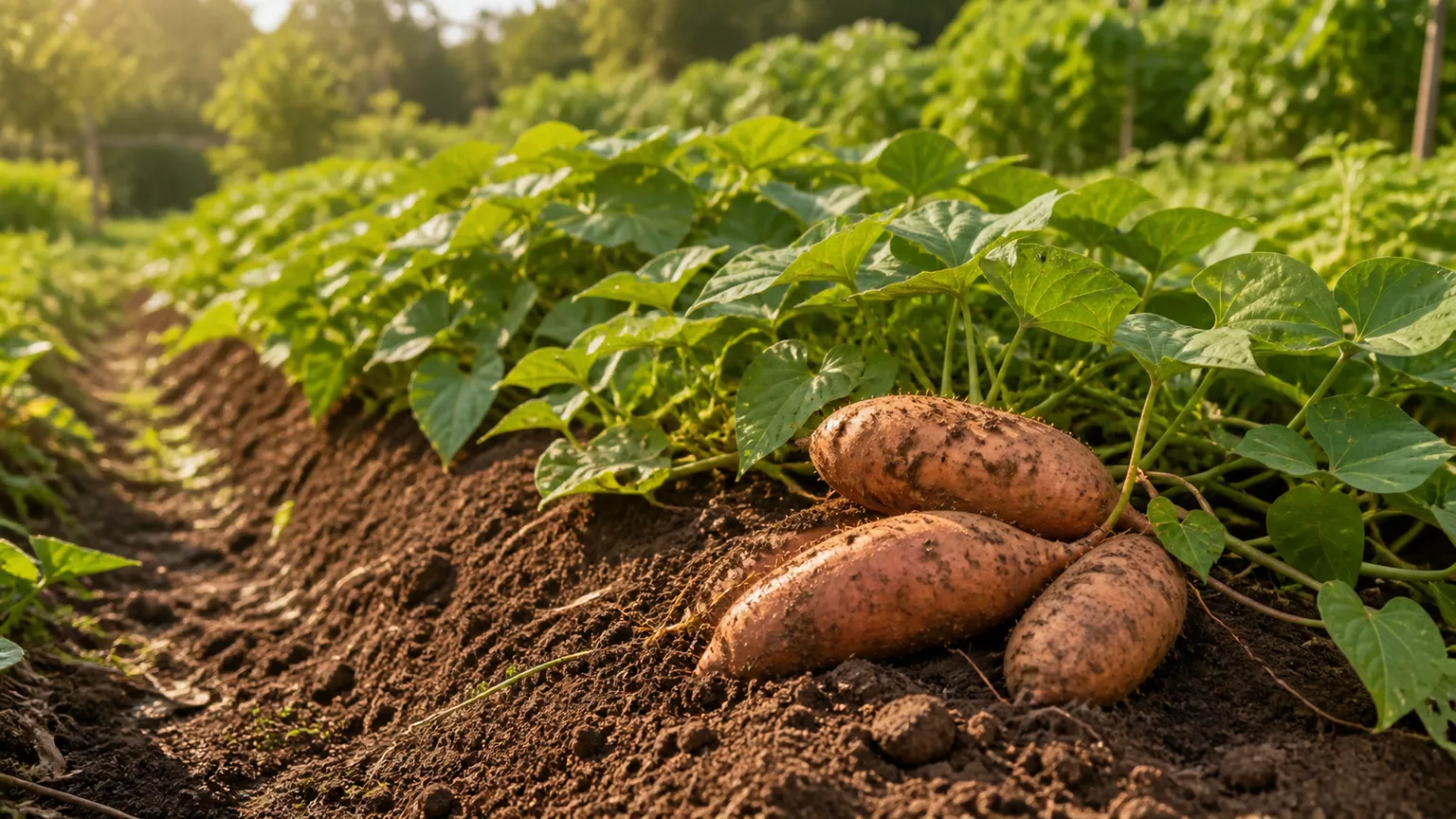 Sweet potato roots being uncovered beside a leafy garden bed