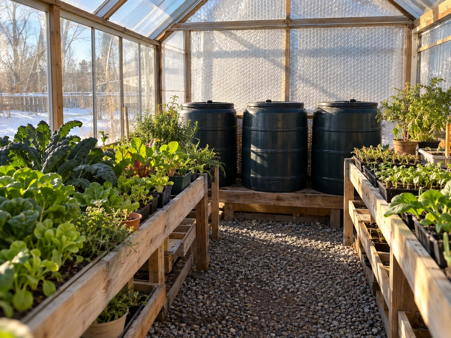 Dark water-filled barrels store some daytime solar heat inside a greenhouse with winter crops.