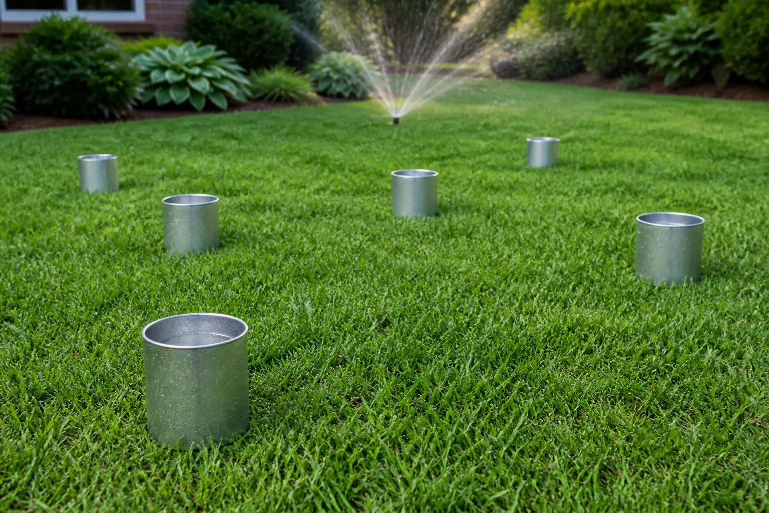 Sprinkler watering a residential lawn deeply after aeration and overseeding