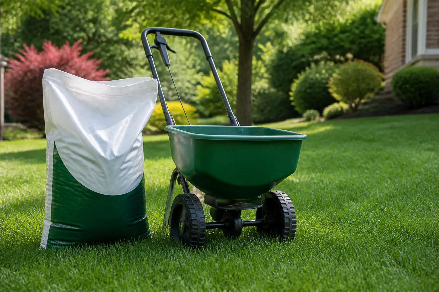 Fertilizer spreader and lawn positioned for a grass-type-based seasonal feeding plan
