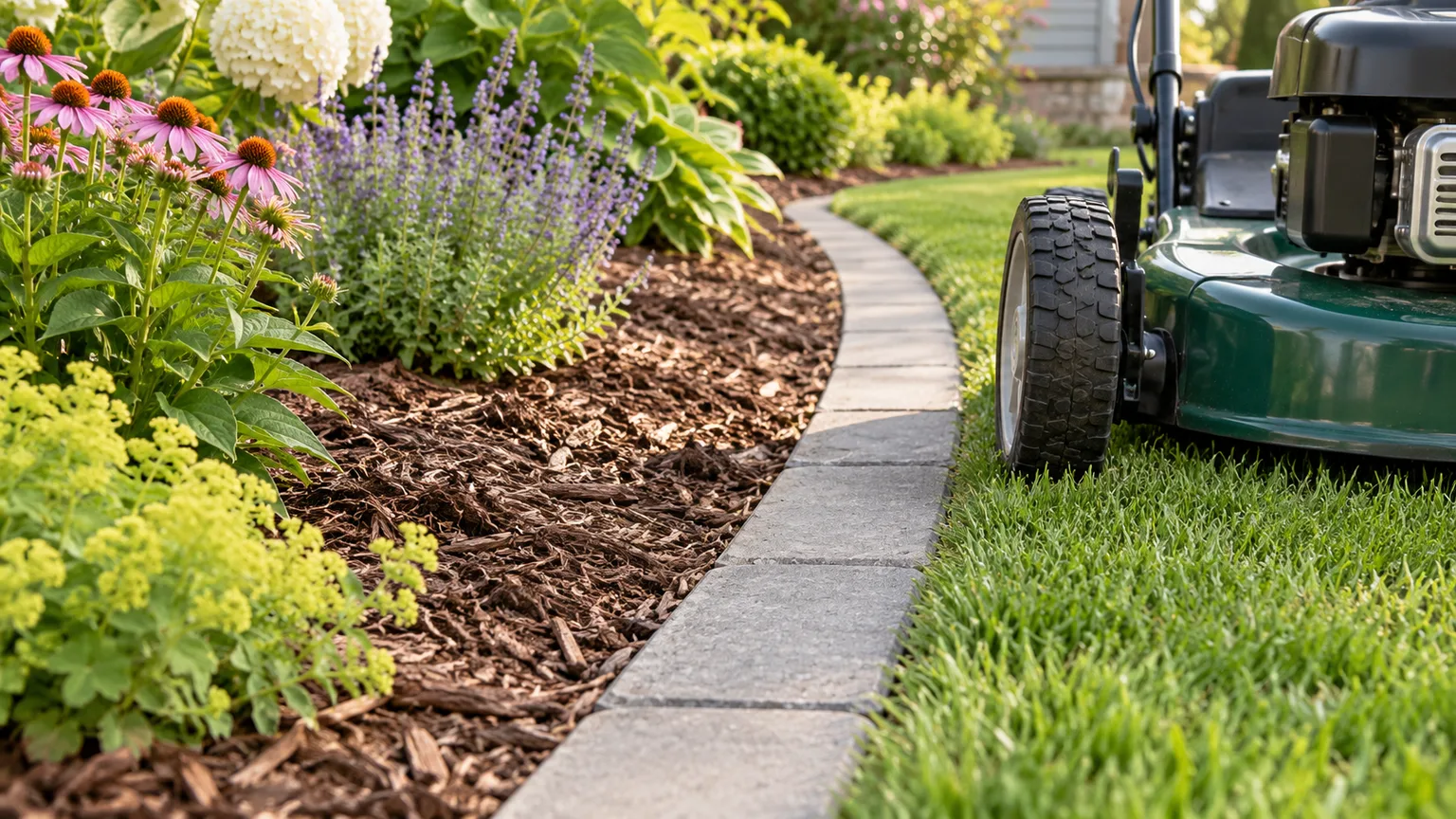 Concrete pavers set nearly flush between a green lawn and mulched garden bed, with a mower wheel riding the strip