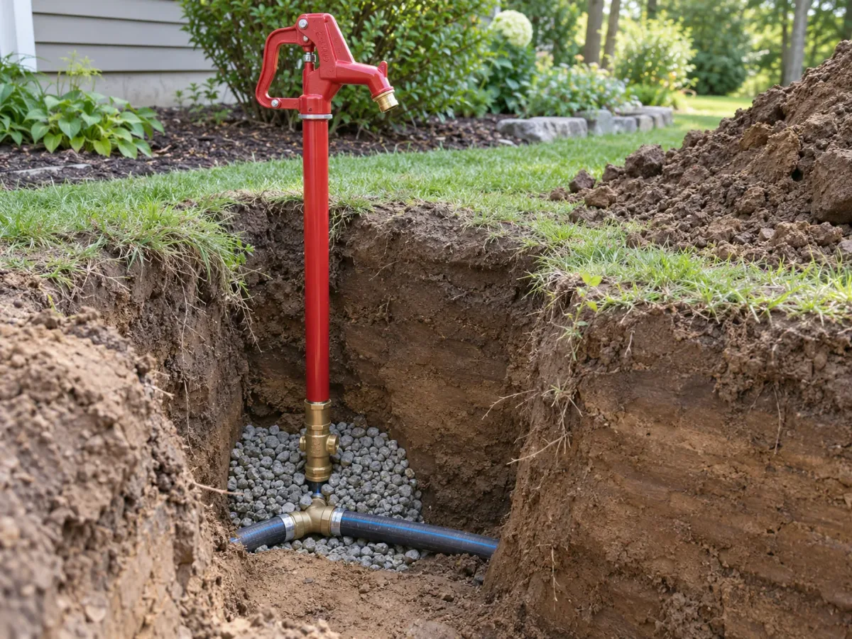Yard hydrant standpipe and base fitting positioned over washed gravel in an open trench