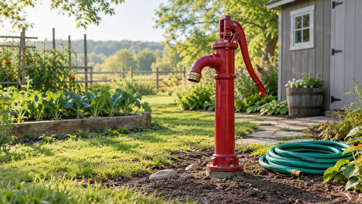 Red frost-free yard hydrant beside a garden bed and detached outbuilding