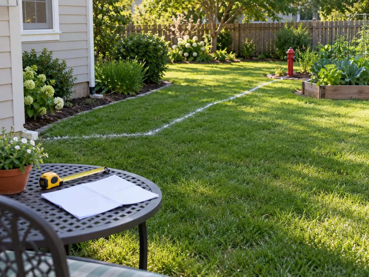 White paint marks the proposed yard hydrant supply-line route across a garden lawn