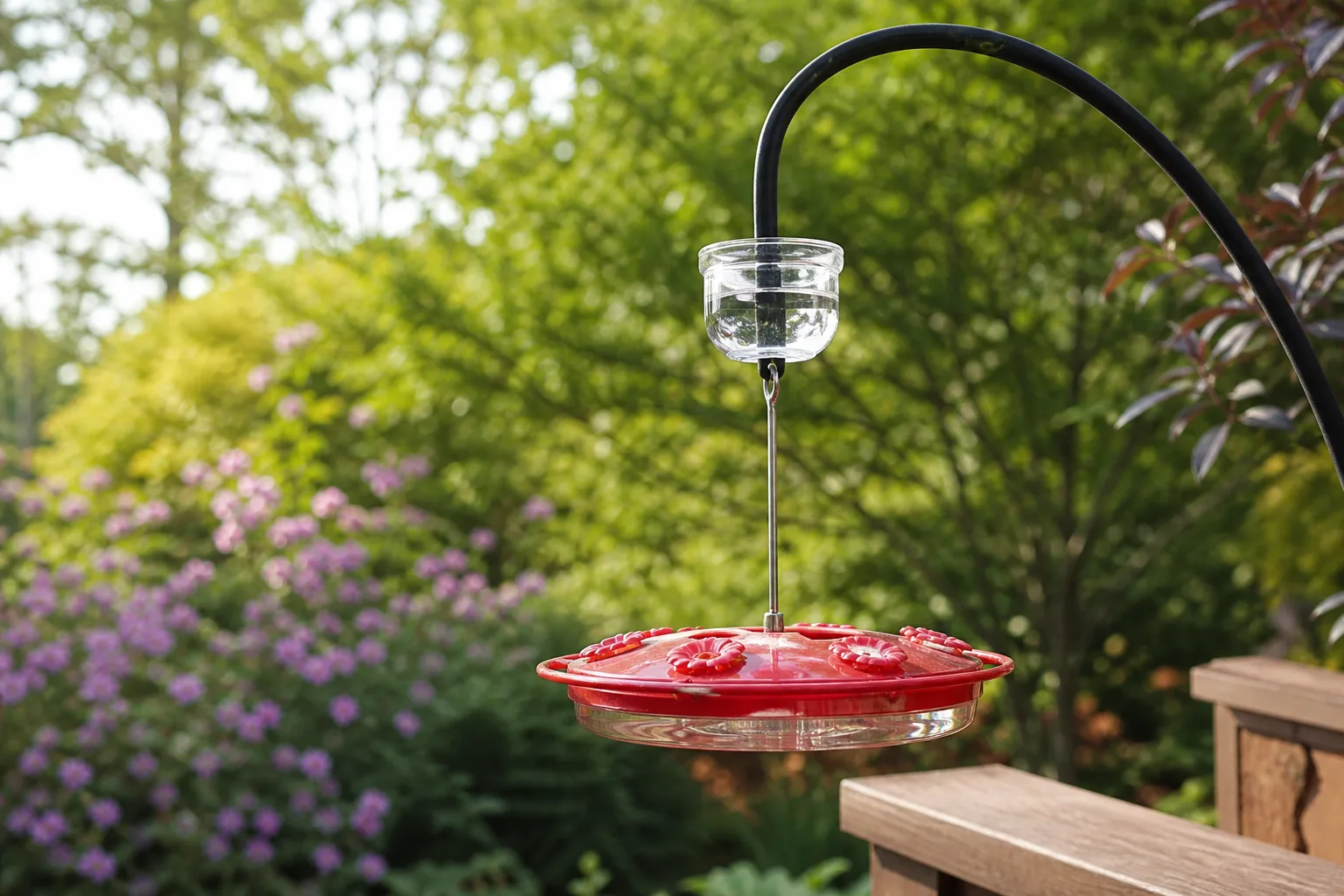 Ant moat attached above a hummingbird feeder in a garden
