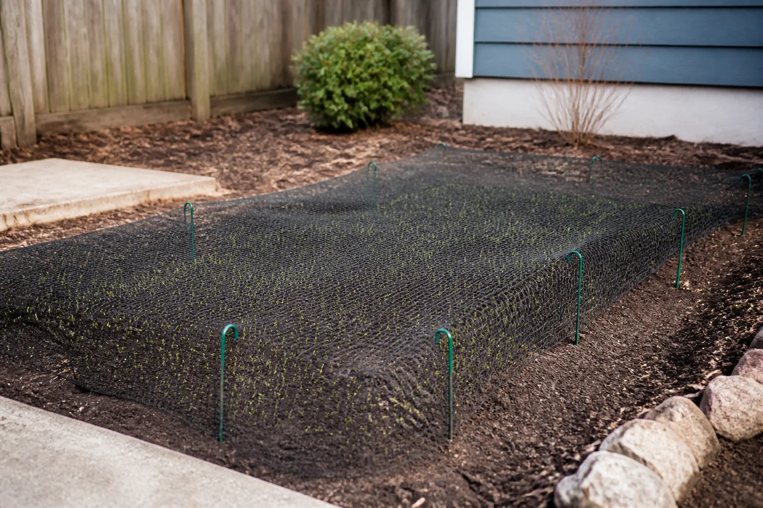 Light straw mulch protecting newly seeded lawn from birds on a residential slope