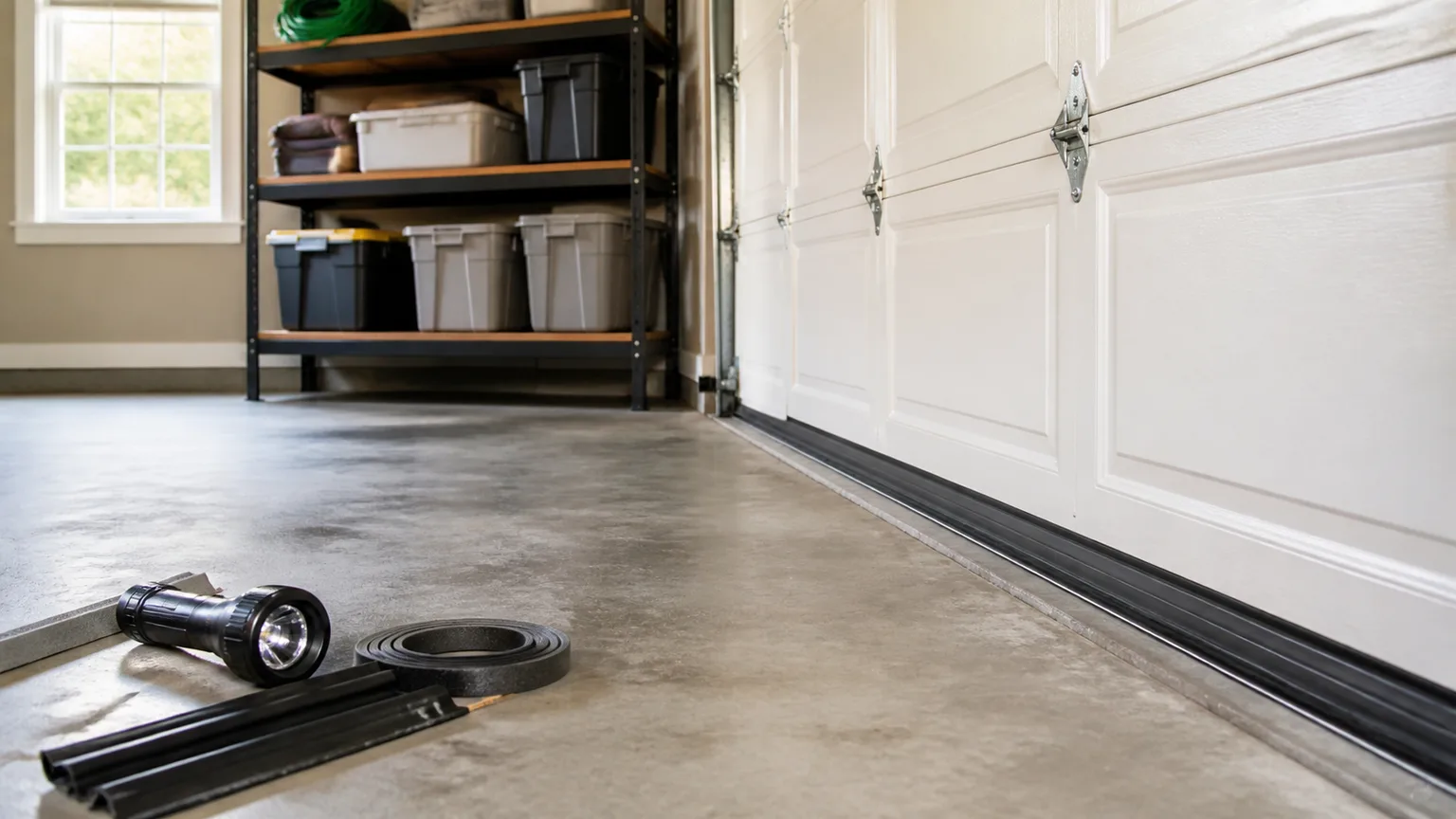 Sealed garage door threshold and storage area prepared to keep mice out