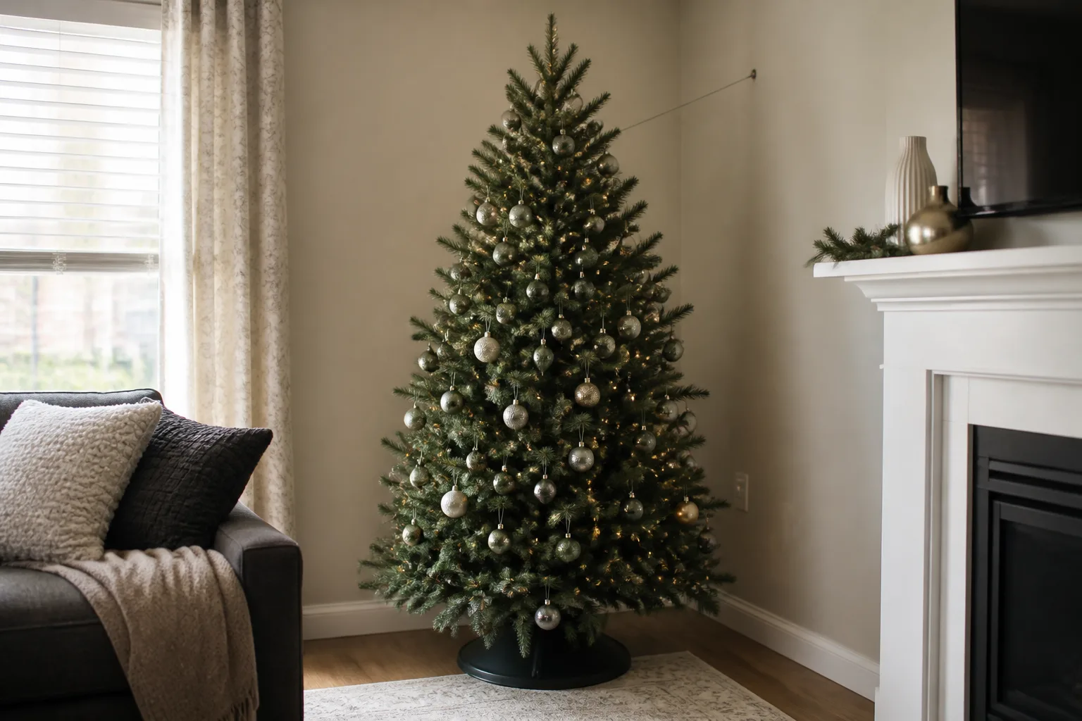 A secured Christmas tree beside a wall illustrates why tall holiday displays need stable anchor points
