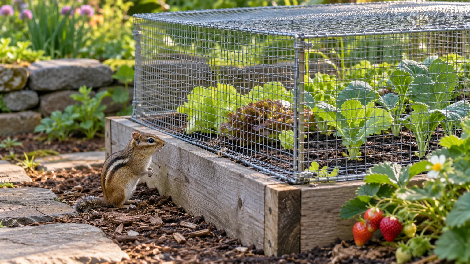 Eastern chipmunk beside a wire-protected raised vegetable bed