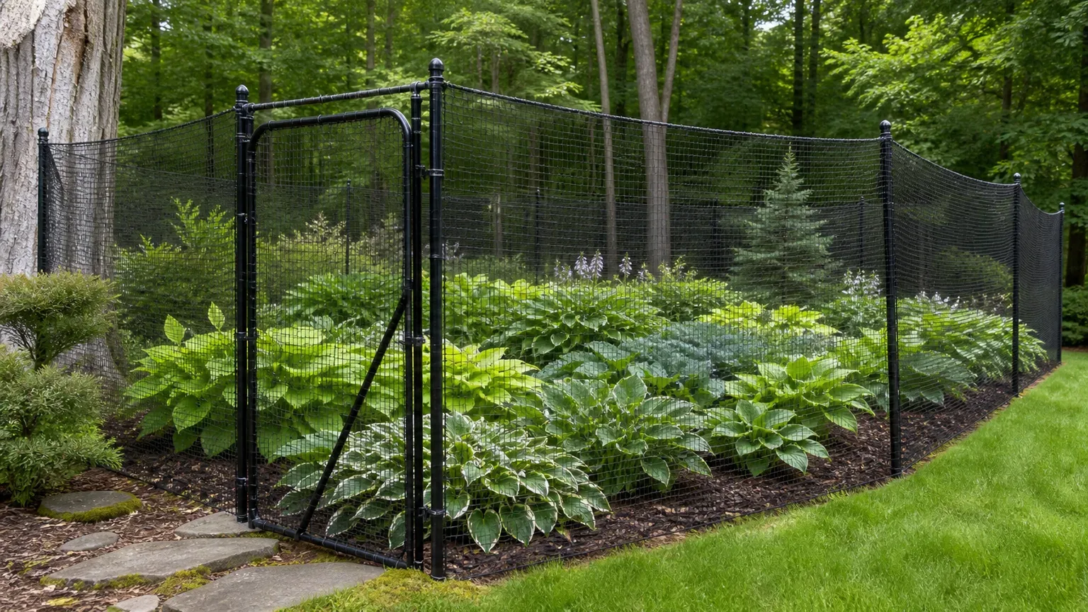 A mesh garden barrier enclosing a planting bed with the lower edge close to the ground