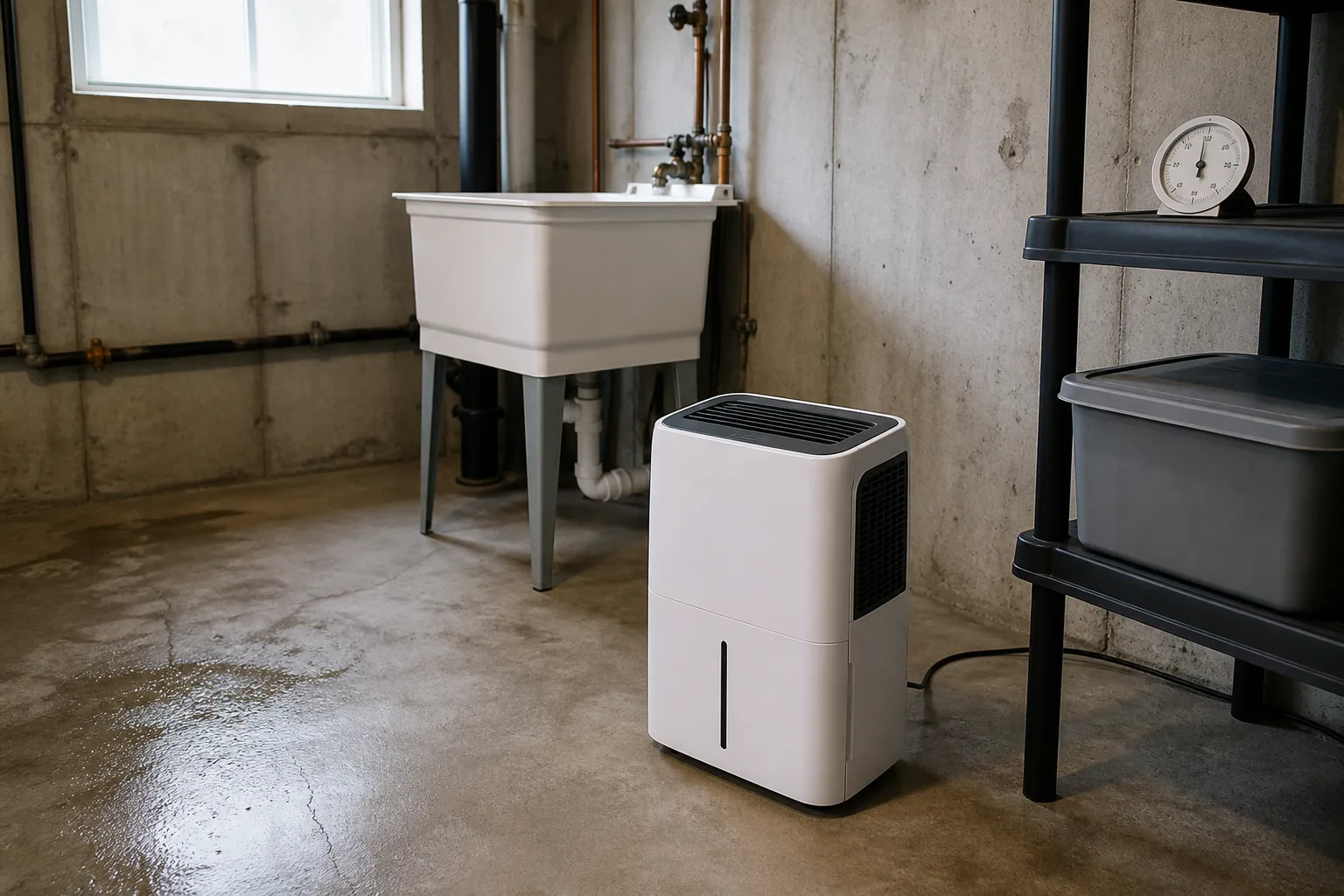 Basement dehumidifier beside exposed plumbing and damp concrete