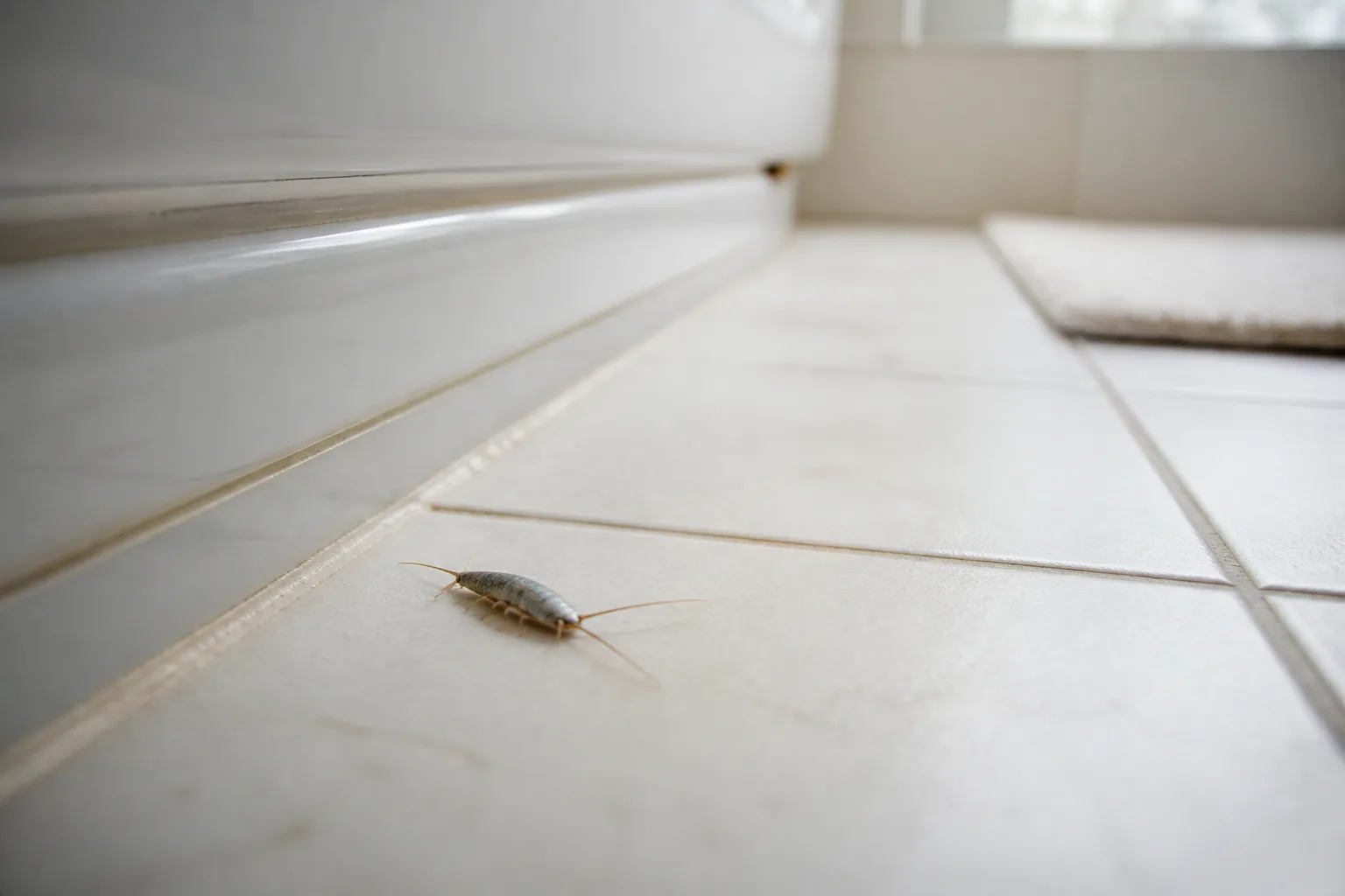 Silverfish on a tiled floor near a baseboard gap