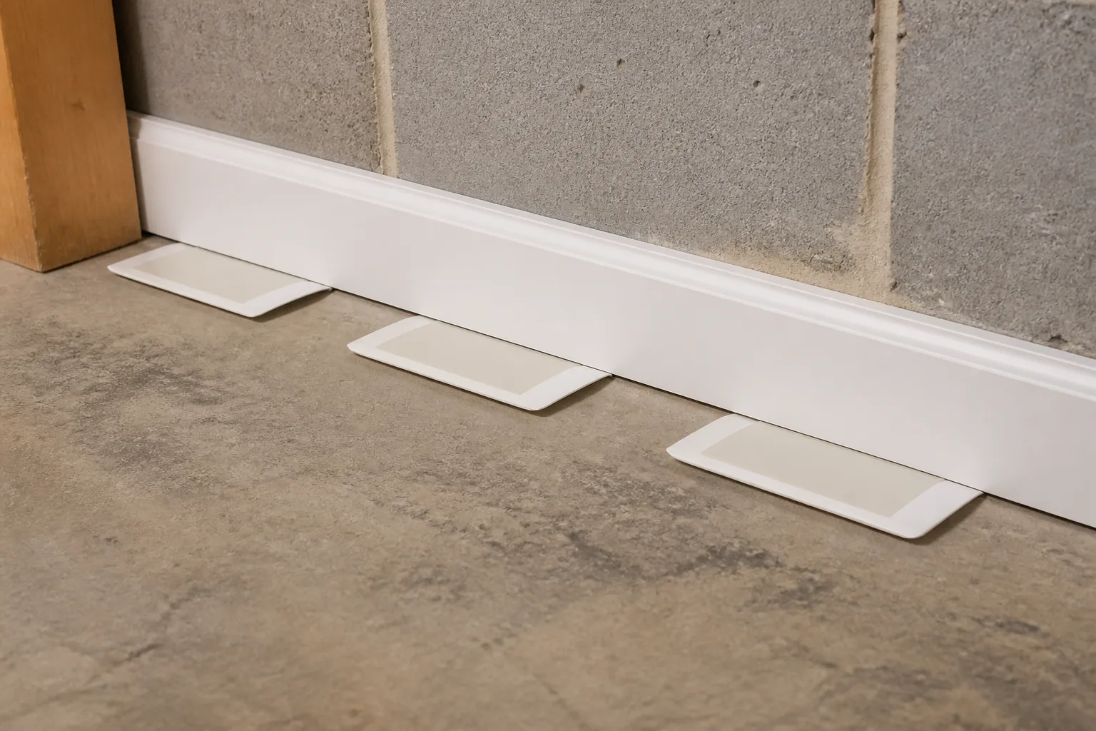 Glue boards placed along a baseboard to monitor cockroach activity