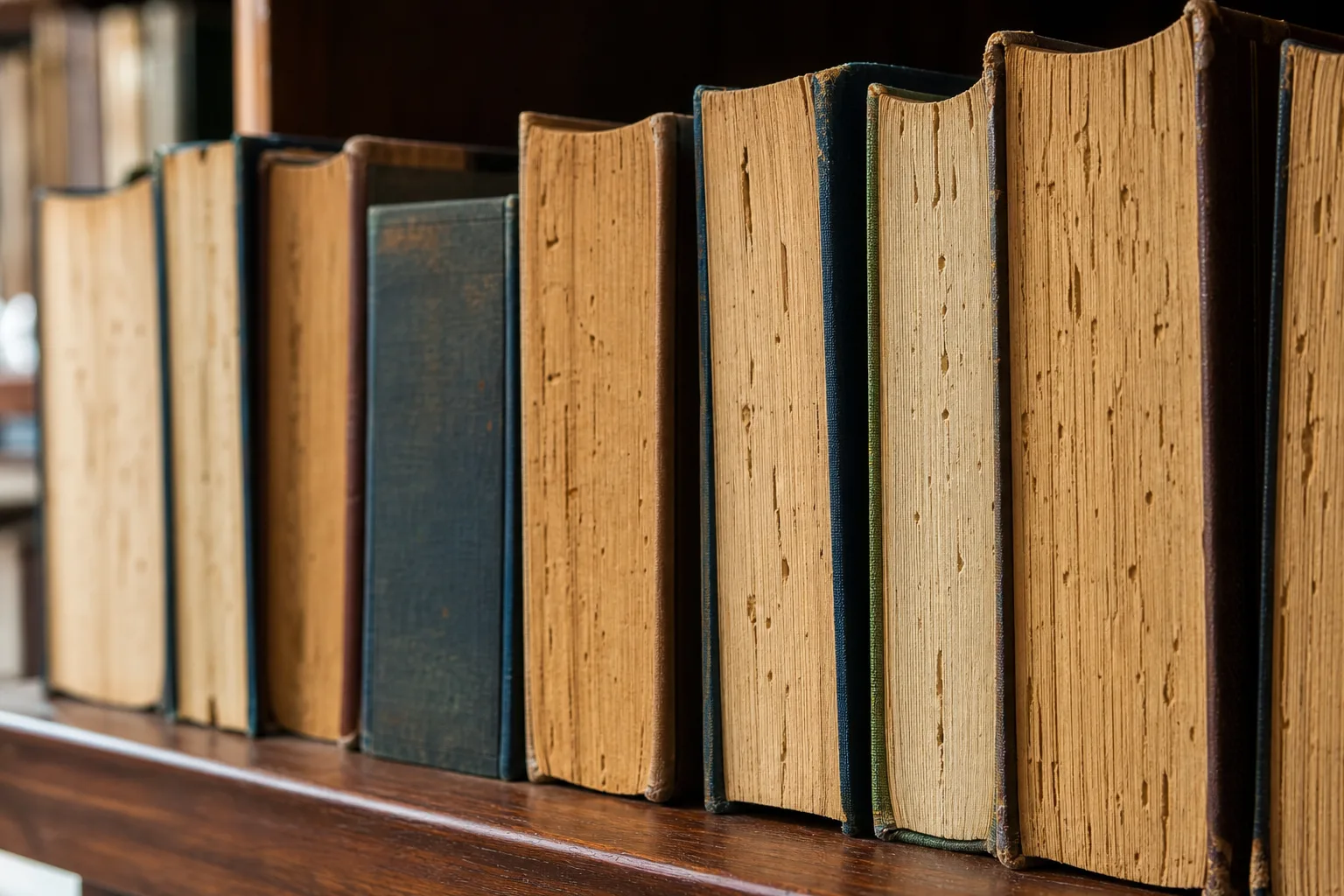 Old books with irregular surface damage on a shelf