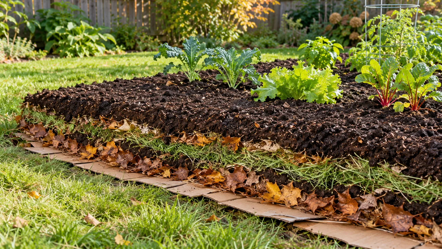 A lasagna garden bed with cardboard, leaf, grass, and compost layers beneath young vegetables
