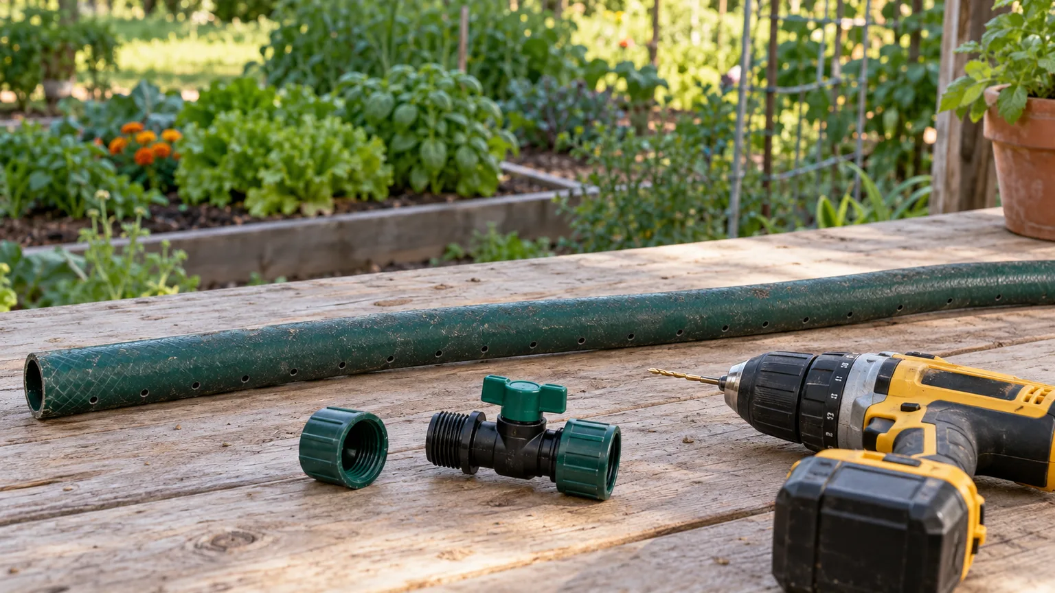 A drilled garden hose, small drill bit, end cap, and flow-control valve arranged for a DIY soaker hose