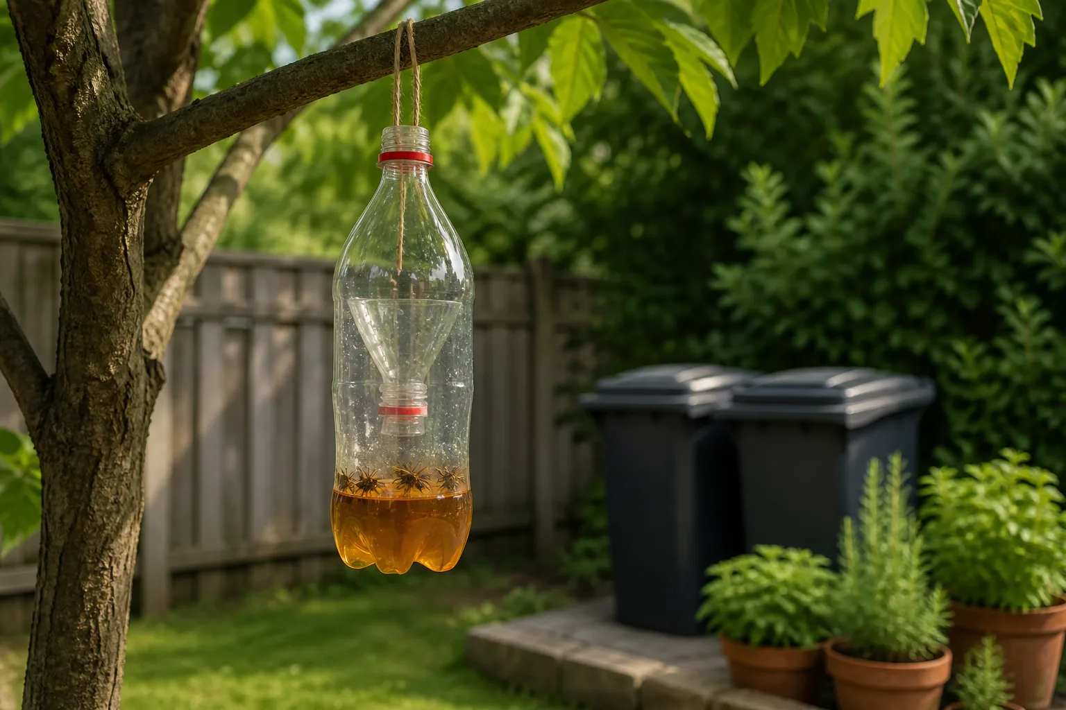 Suburban patio with sealed trash bins and a homemade bottle yellow jacket trap hanging at the yard edge away from seating