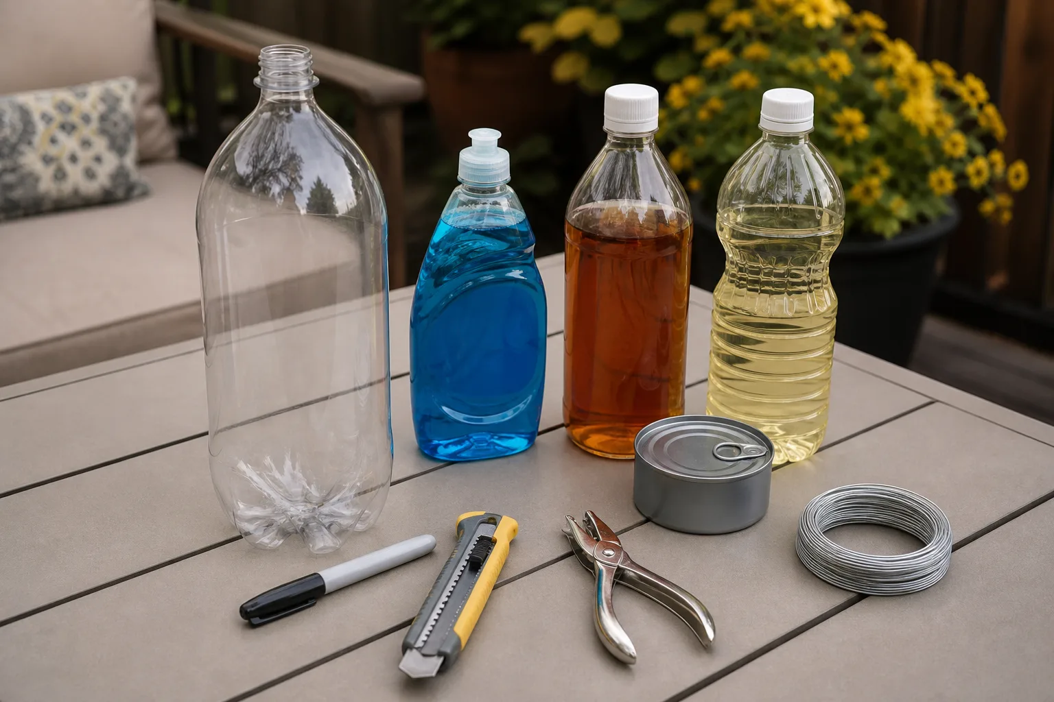 Materials for a DIY yellow jacket trap including a soda bottle, dish soap, vinegar, and hanging wire
