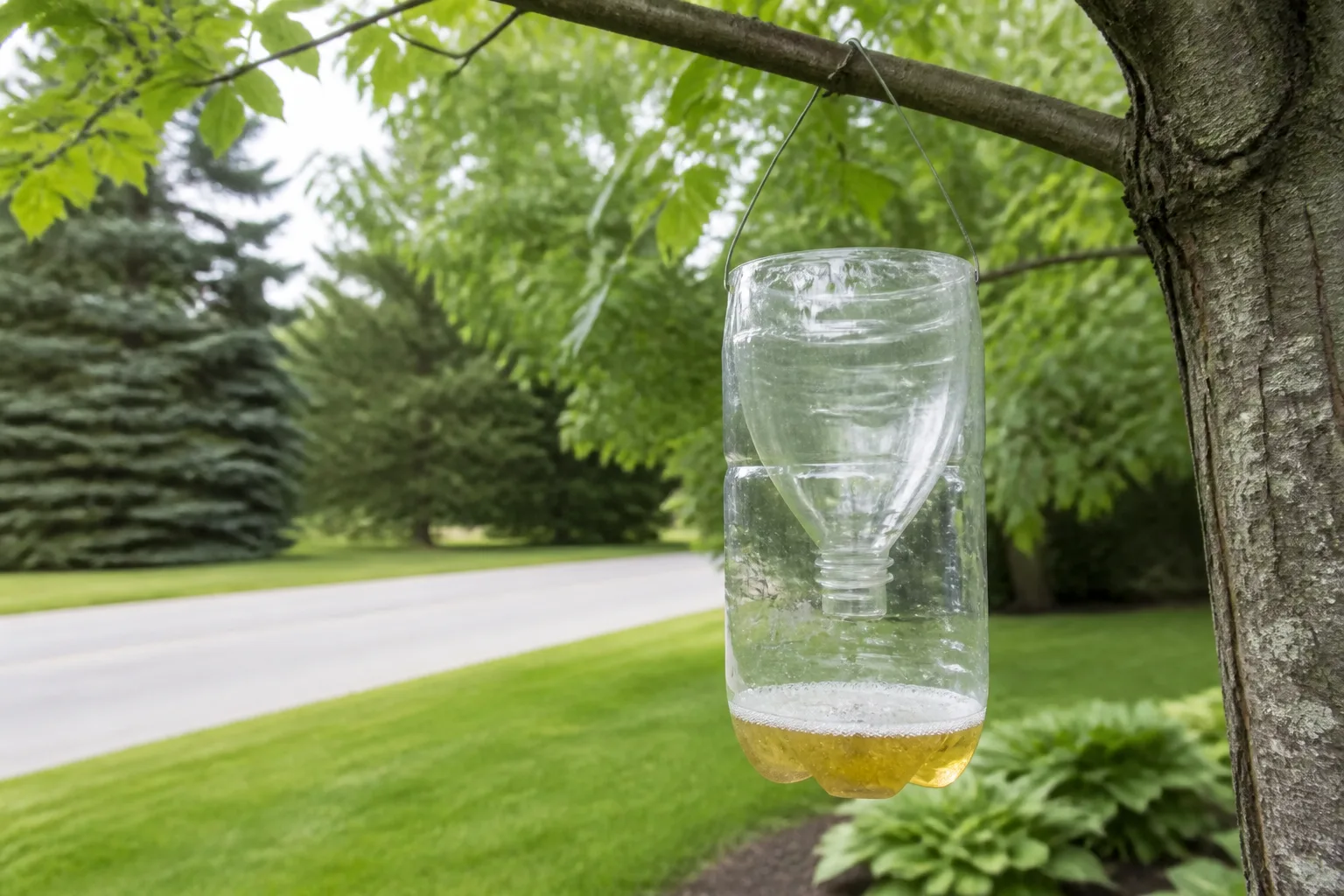 Inverted funnel soda bottle yellow jacket trap assembled on a potting bench