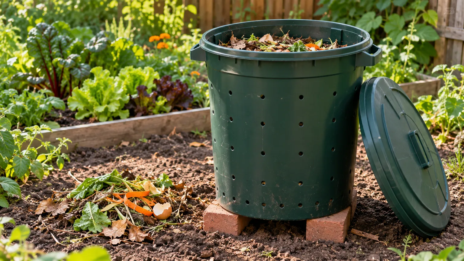 A ventilated outdoor trash can raised on bricks and converted into a backyard composter