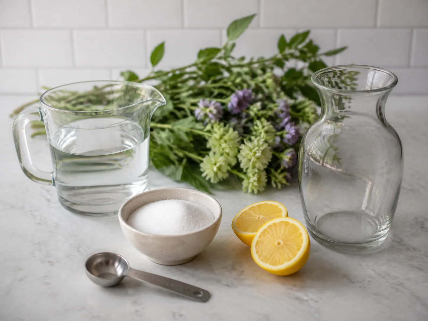 Clean vase, fresh water, and simple materials ready for cut-flower care