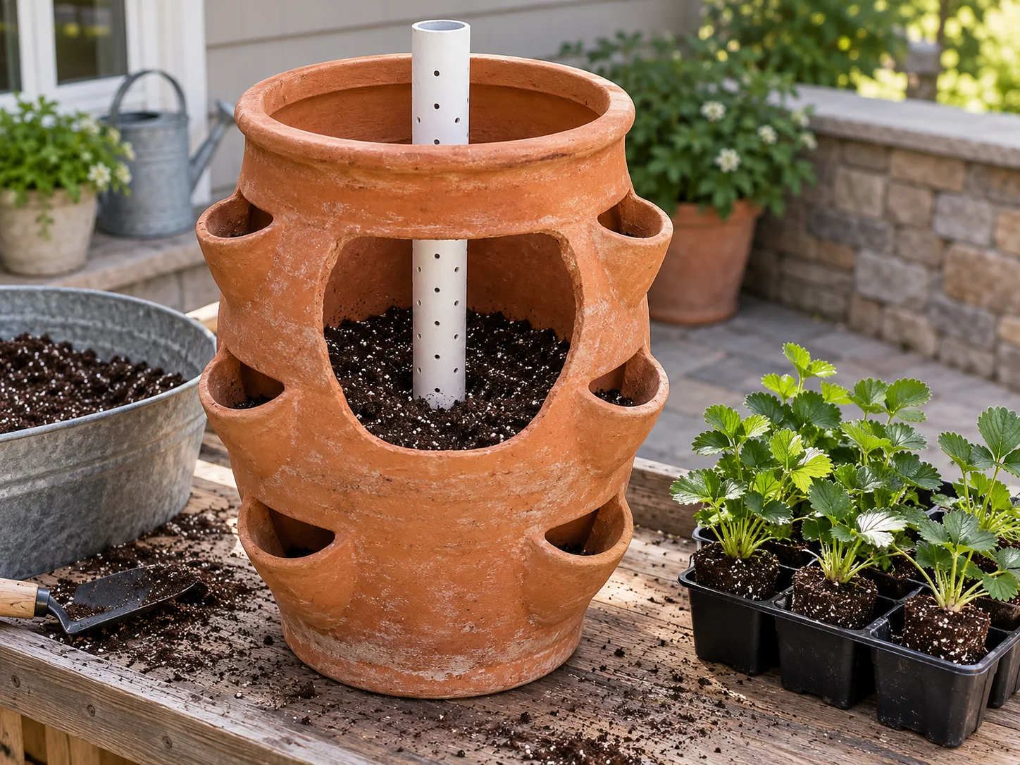 A perforated irrigation tube set inside a partly filled terracotta strawberry planter, with young plants ready nearby.