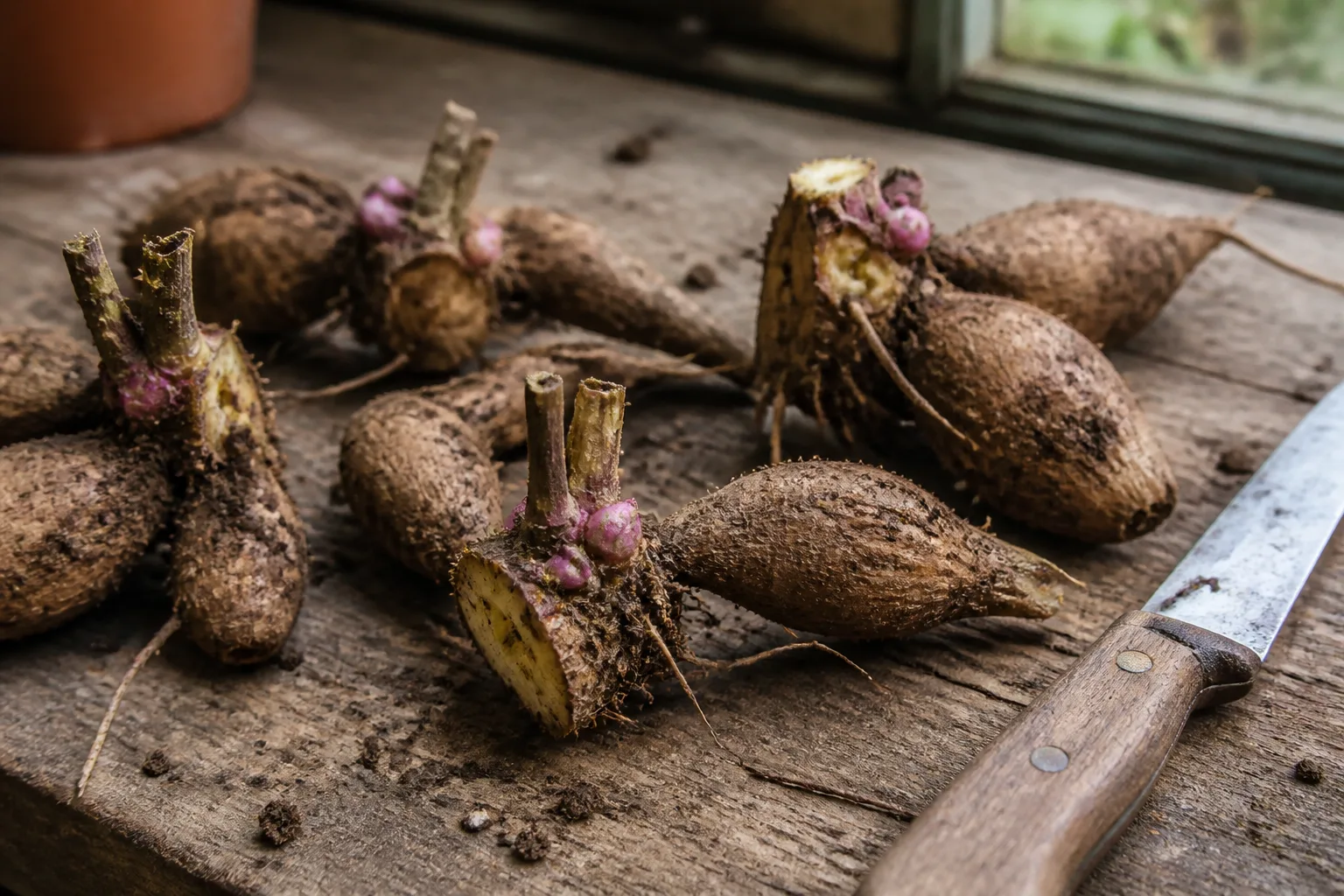 Firm garden tubers separated for division and replanting