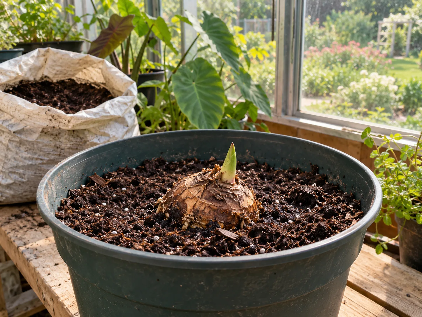 A young elephant ear corm beginning to sprout in a wide container of moist potting mix near a bright greenhouse window.