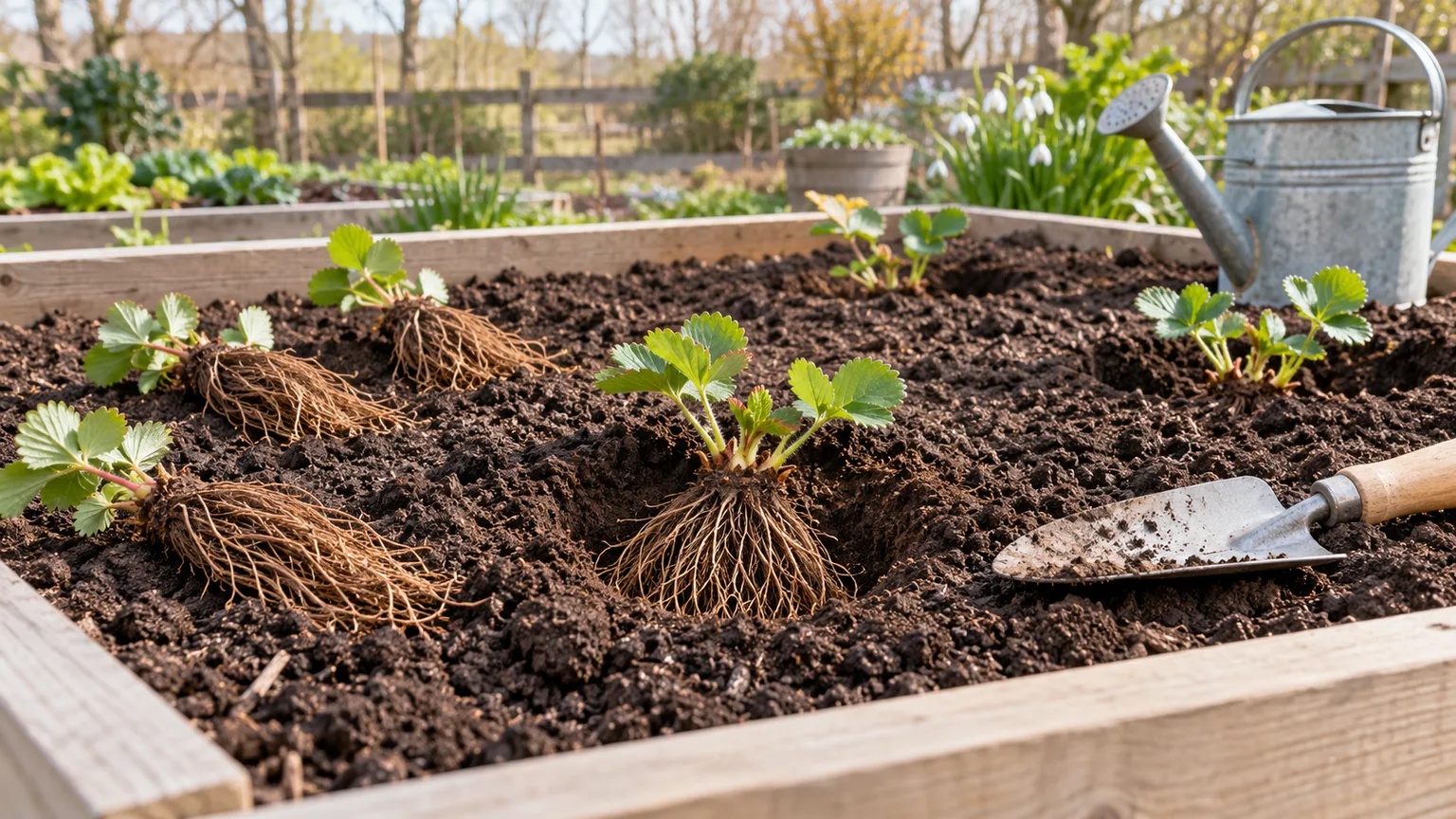 Dormant bare-root strawberry plants set out in a prepared outdoor raised bed