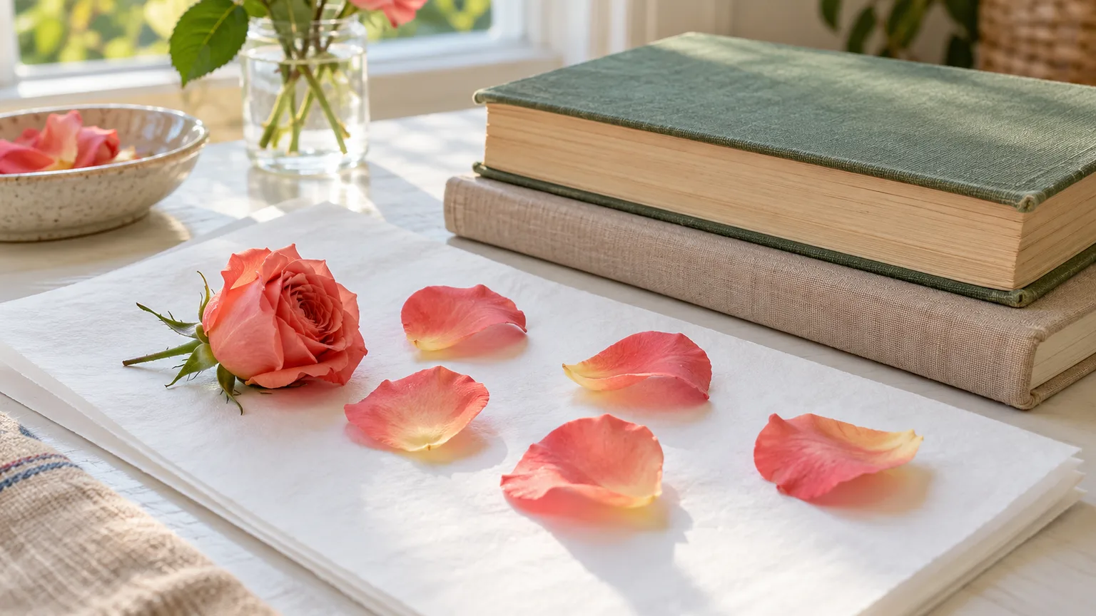 Rose petals and a small bloom arranged on smooth paper beside a stack of heavy books for the book-pressing method