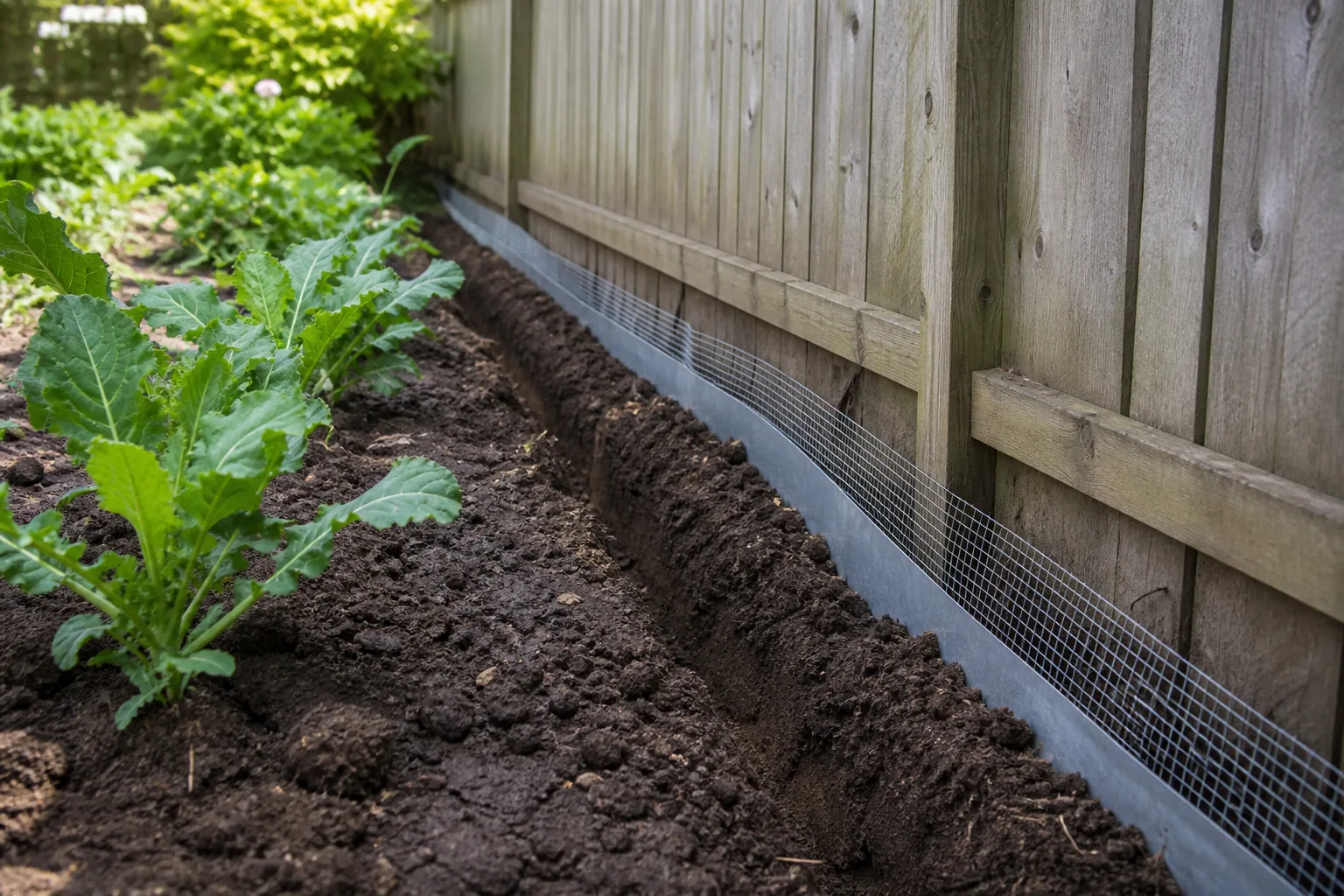 Hardware cloth installed below a raised garden edge with an outward apron
