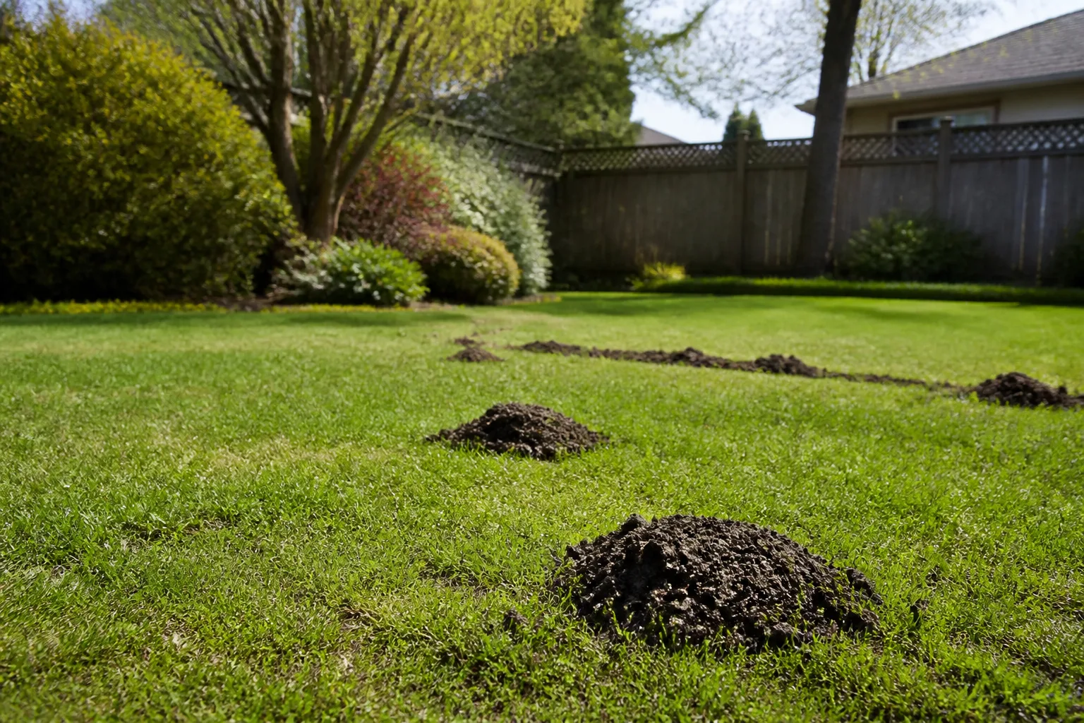 Raised soil mounds and tunnels crossing a suburban lawn