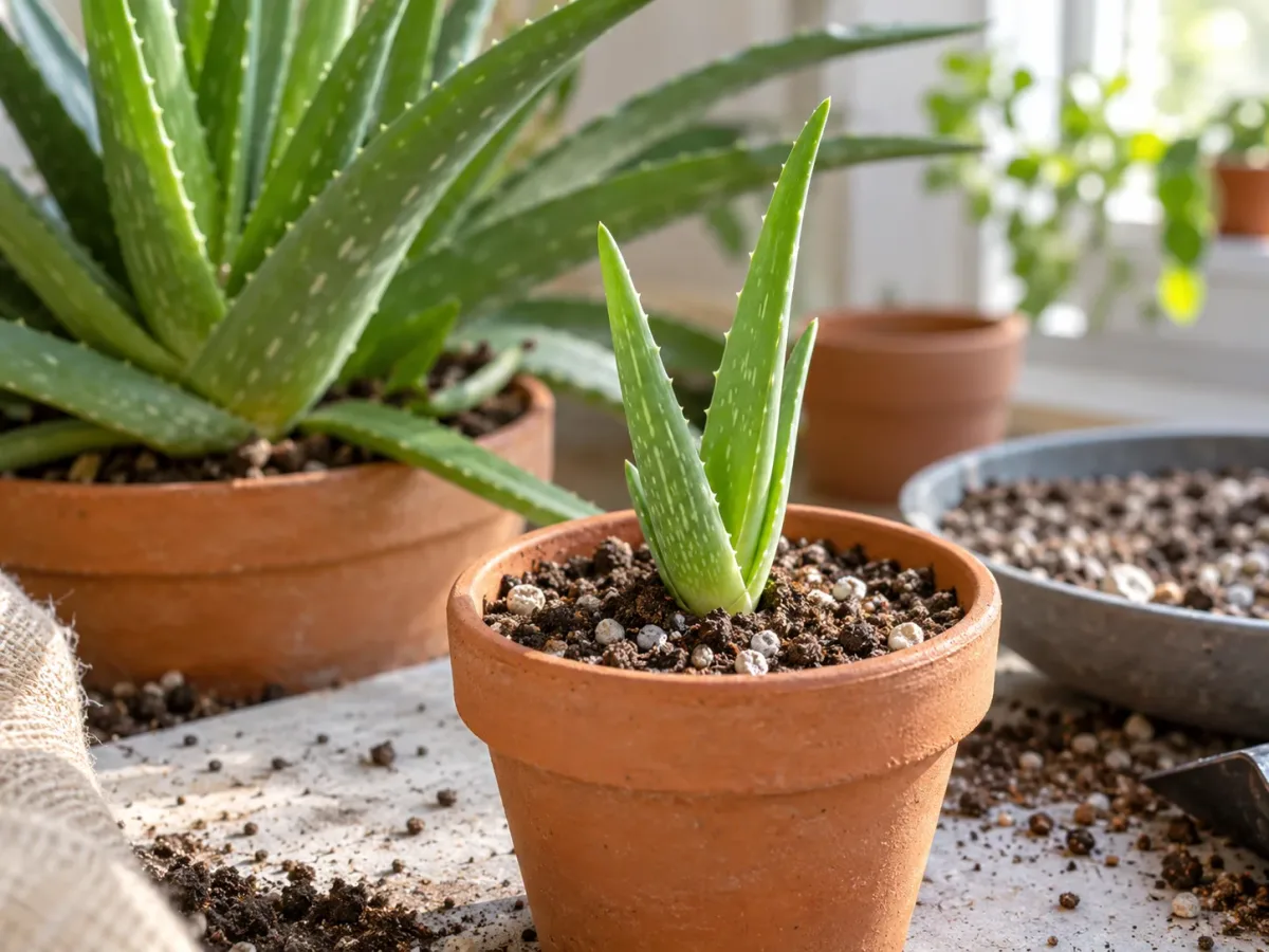 Newly potted Aloe vera pup set above gritty soil beside the mother plant